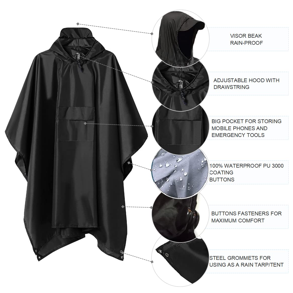 3-in-1 Waterproof Hooded Rain Poncho for Men & Women - Lightweight Outdoor Raincoat Jacket for Hiking, Camping & Emergency Preparedness