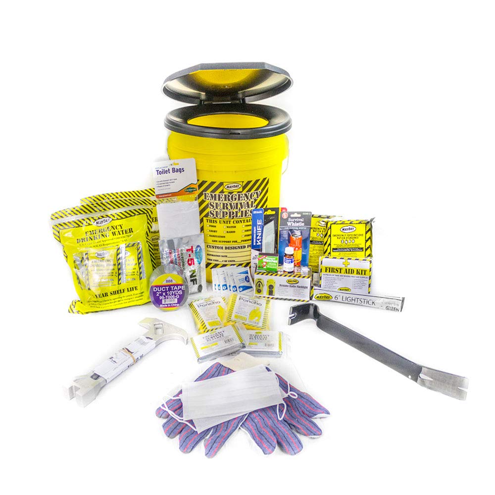 Deluxe Emergency Survival Kit Bucket for 2 People - 2400 Calorie Food Bars, Solar Blankets, Water Pouches, Ponchos, First Aid Kit & Dynamo Flashlight/Radio - Perfect for Camping, Hiking, Natural Disasters & Emergency Preparedness