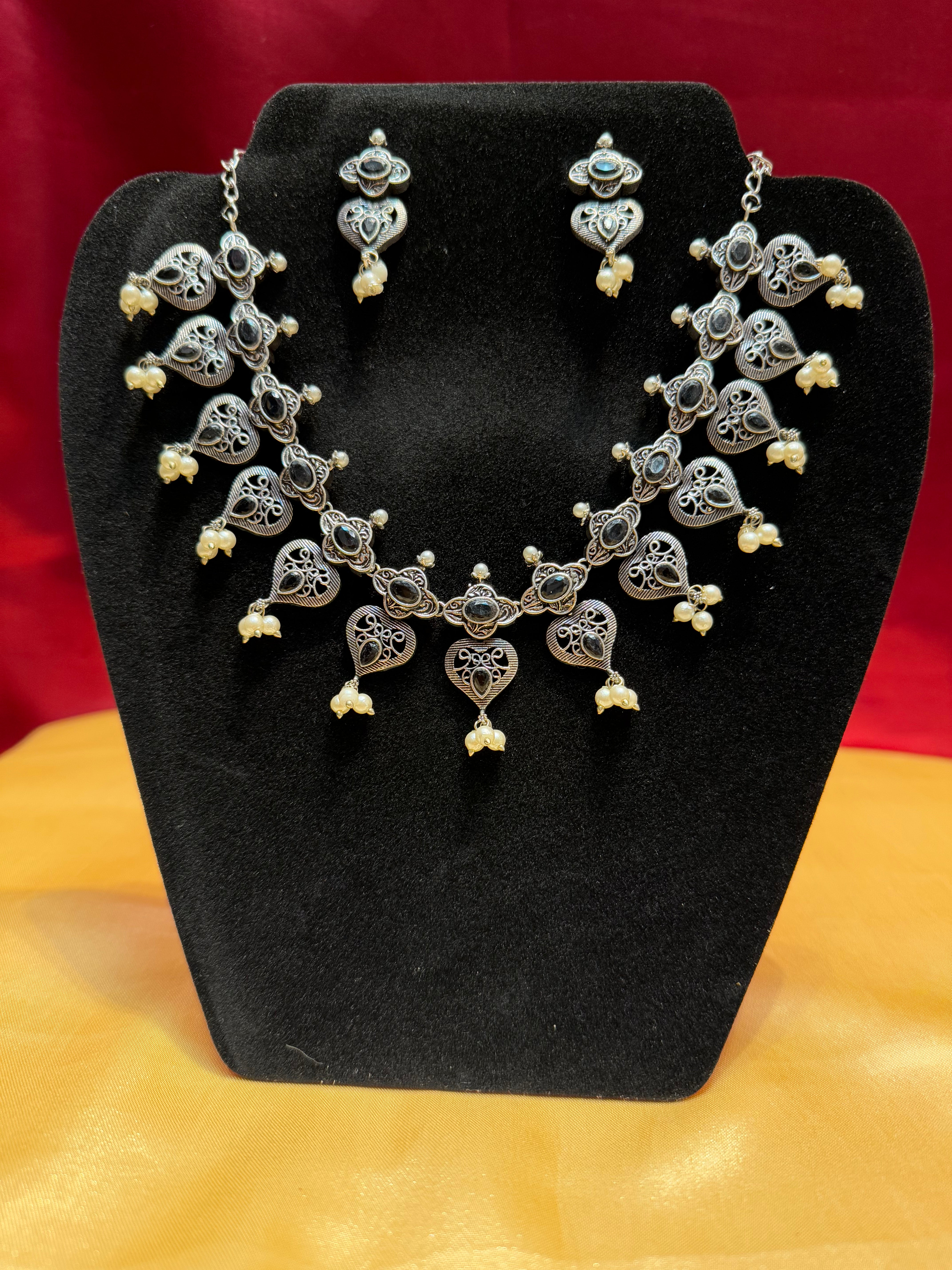 Elegant Black Oxidized Pearl Drop Necklace and Earrings Set - Perfect for Weddings, Parties & Special Occasions