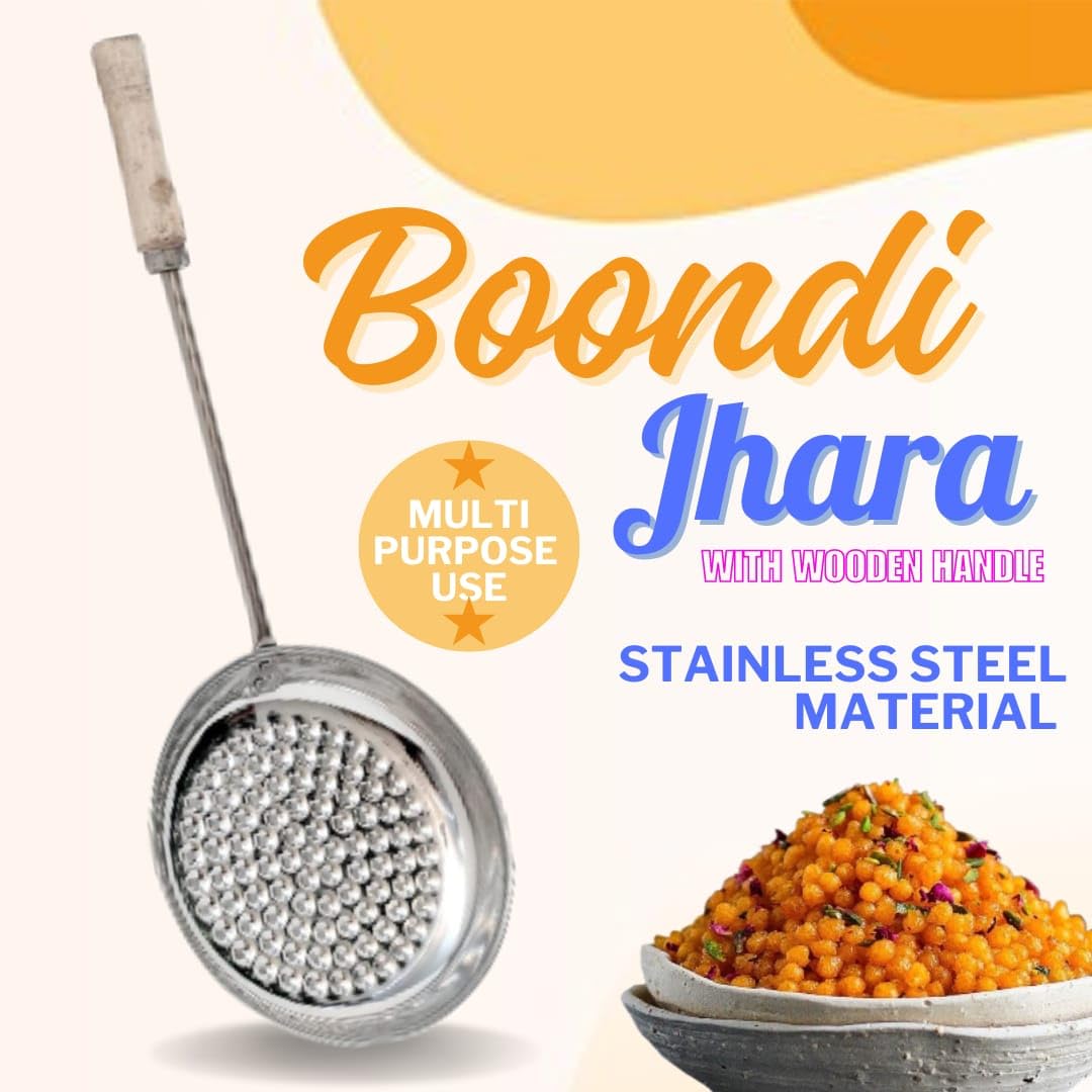 REVV UP Boondi Jhara with Wooden Handle - 6.5 Inch Stainless Steel Boondi Maker & Big Jalli Karandi - High Durability for Indian Snack Making - Perfect for Ghee Boondi, Rava Laddu & Diwali Sweets Preparation