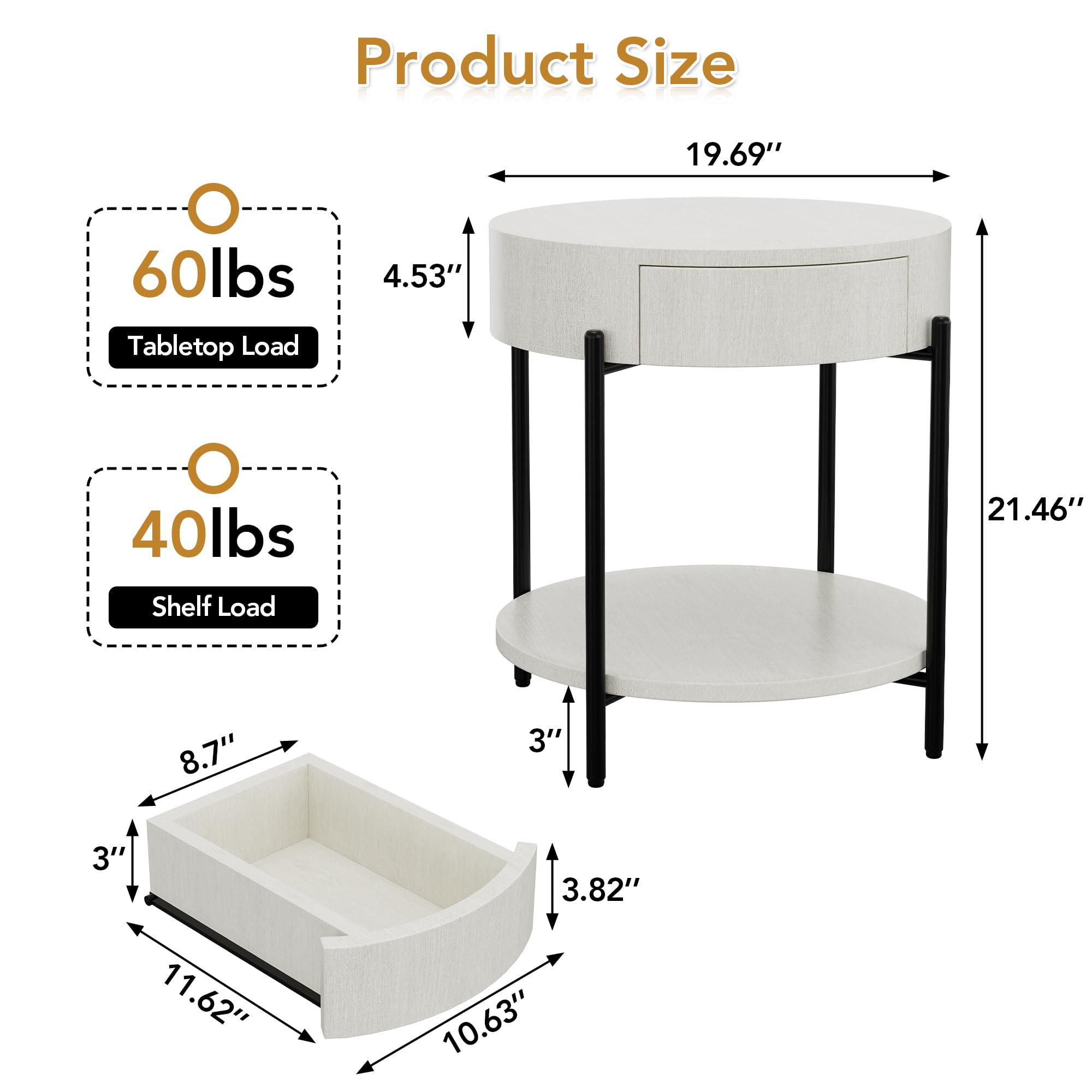 Round Wooden End Table with Drawer - Modern Side Table & Bedside Nightstand for Living Room, Bedroom, Office - Small Circle Accent Table with Storage Space