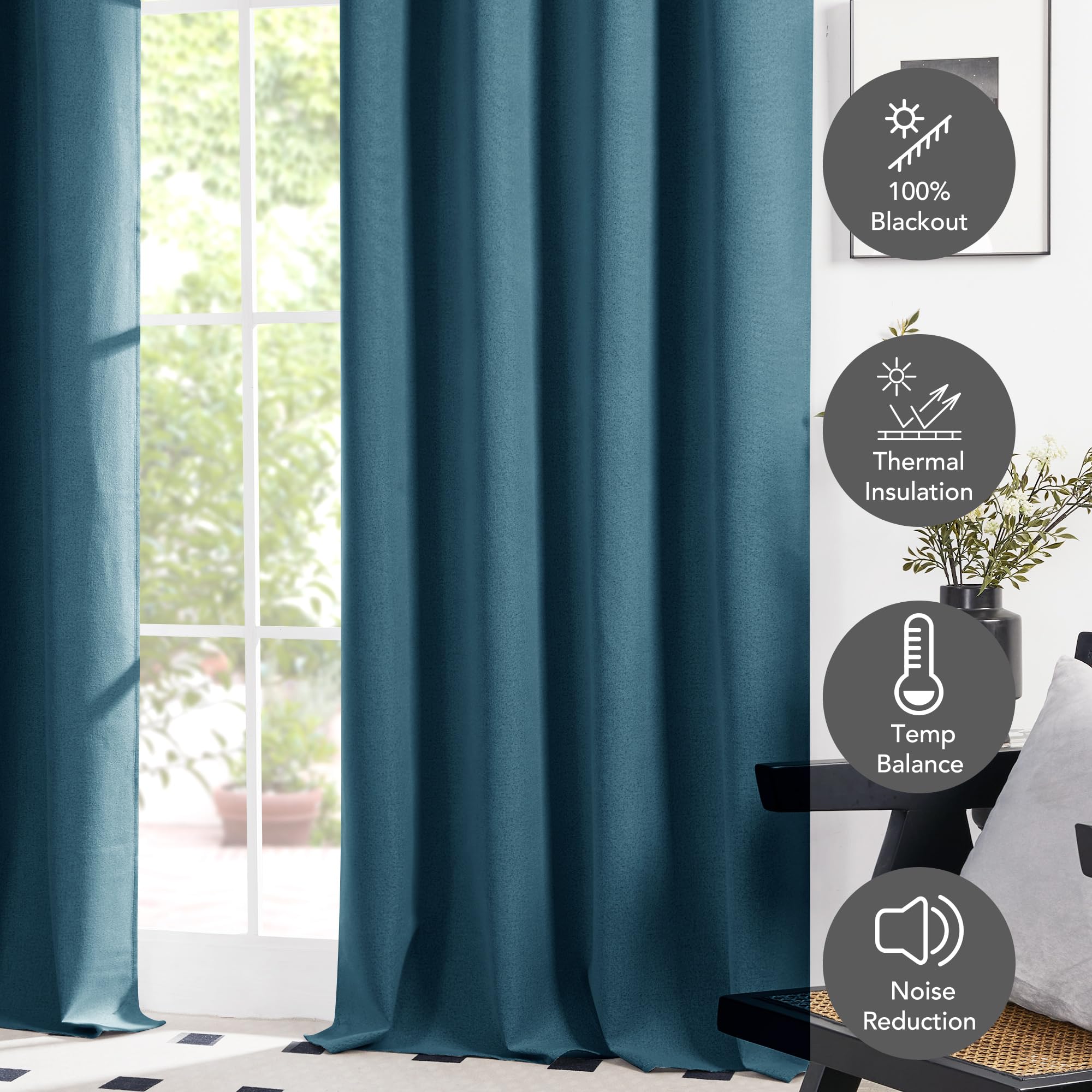 Deconovo Blackout Curtains - 100% Room Darkening Linen Drapes with Grommets for Bedroom, Living Room & Nursery (Aegean Blue, 52x108 Inches, 2 Panels) - Perfect for Light Sleepers, Home Theater & Shift Workers