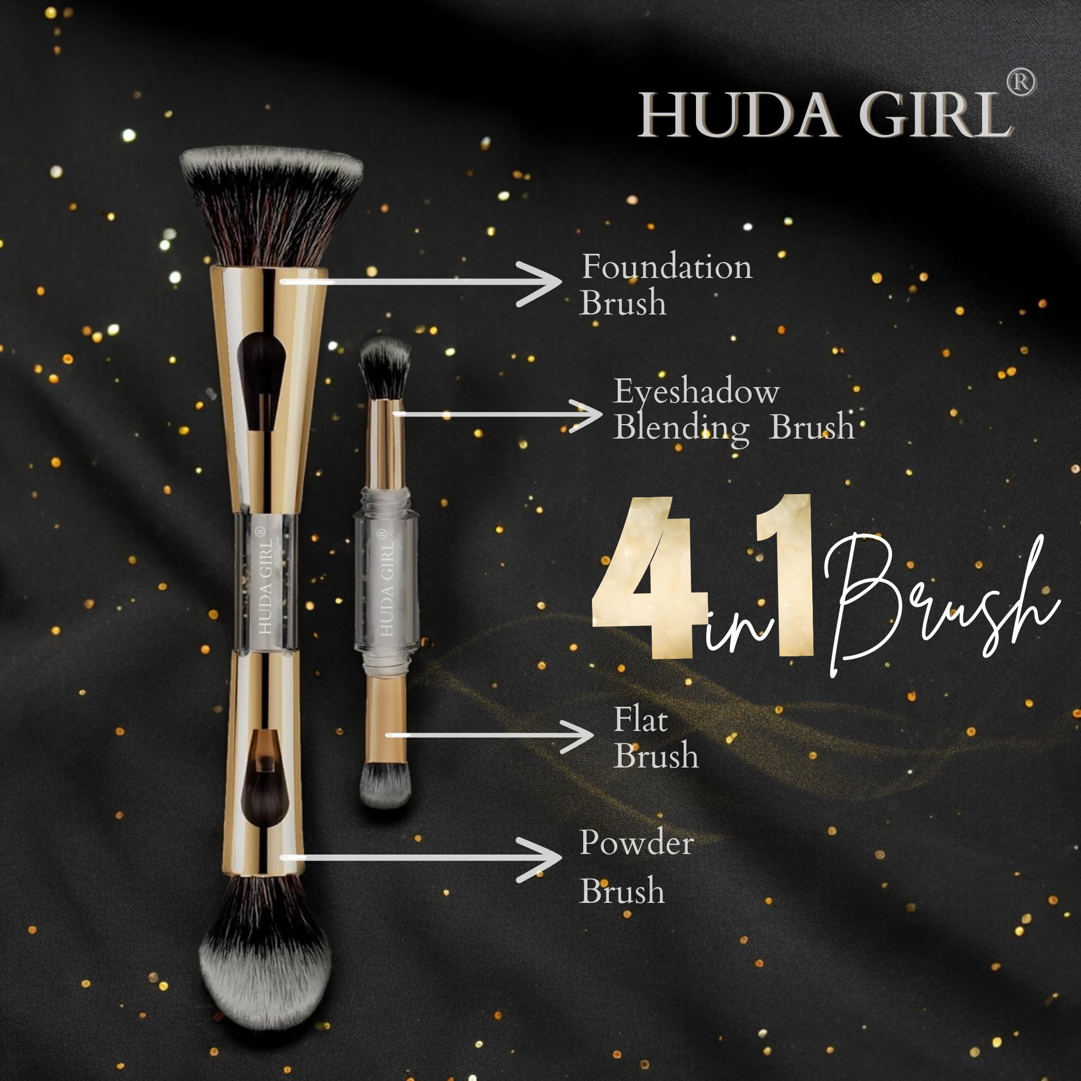 HUDA GIRL 4 in 1 Makeup Brush Set - Ultra Soft Synthetic Bristles for Flawless Foundation, Powder & Eyeshadow Application | Professional Cosmetic Brushes for Women & Girls | Perfect for Travel & Everyday Makeup Routine