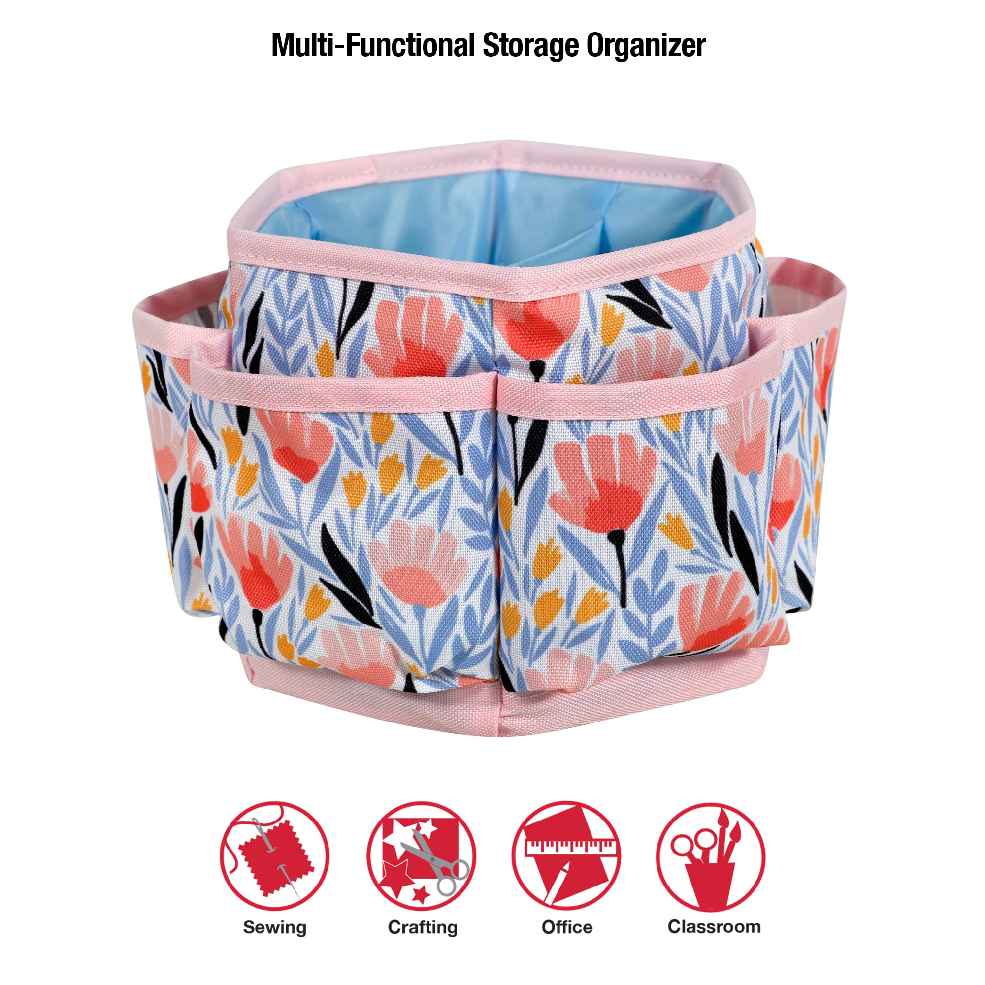 SINGER 360 Degree Rotating Tabletop Organizer with Compartments - Counter Storage for Sewing & Art Supplies, Tulip Floral Print - Perfect for Craft Rooms, Offices & Home Organization