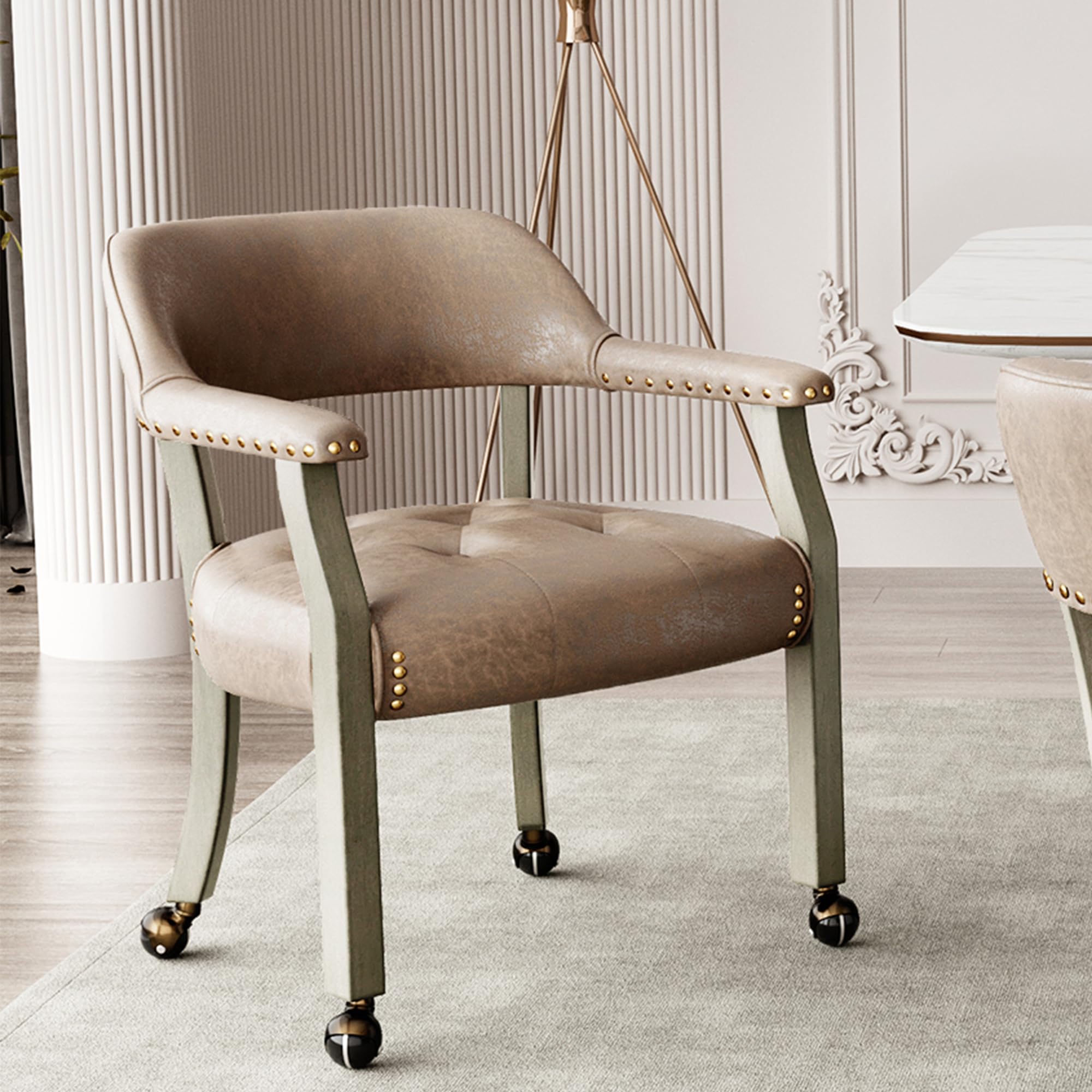 High Back Rolling Dining Chair with Casters - Light Wheat 1318LT | Ergonomic Captain's Chair for Kitchen Table, Dinette Sets & Poker Games | Smooth-Gliding Office & Home Use