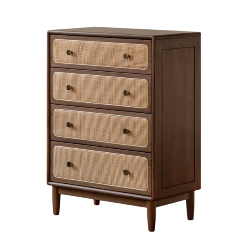 Solid Oak & Black Walnut Wood Cabinet with Rattan Doors - Modern Storage Organizer for Living Room, Bedroom, or Entryway