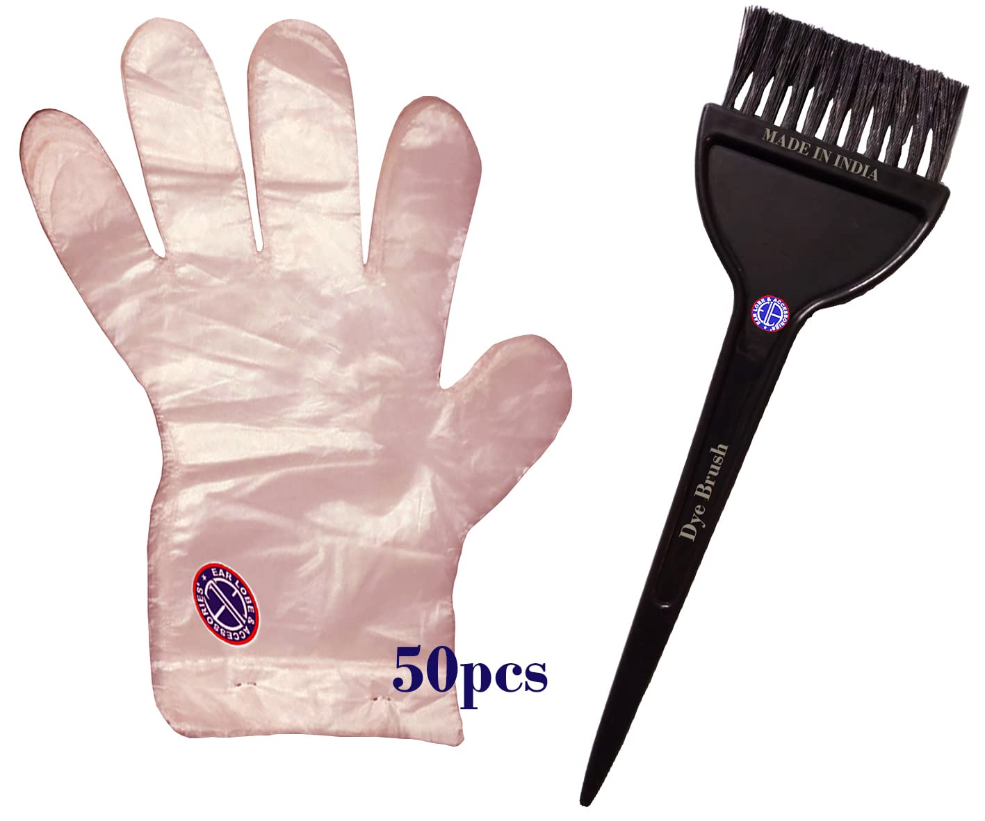 Ear Lobe & Accessories Combo Pack - 1pc Hair Dye Brush & 50pcs D Hand Gloves for Hair Coloring, Tattoo, Piercing & Beauty Salon Use