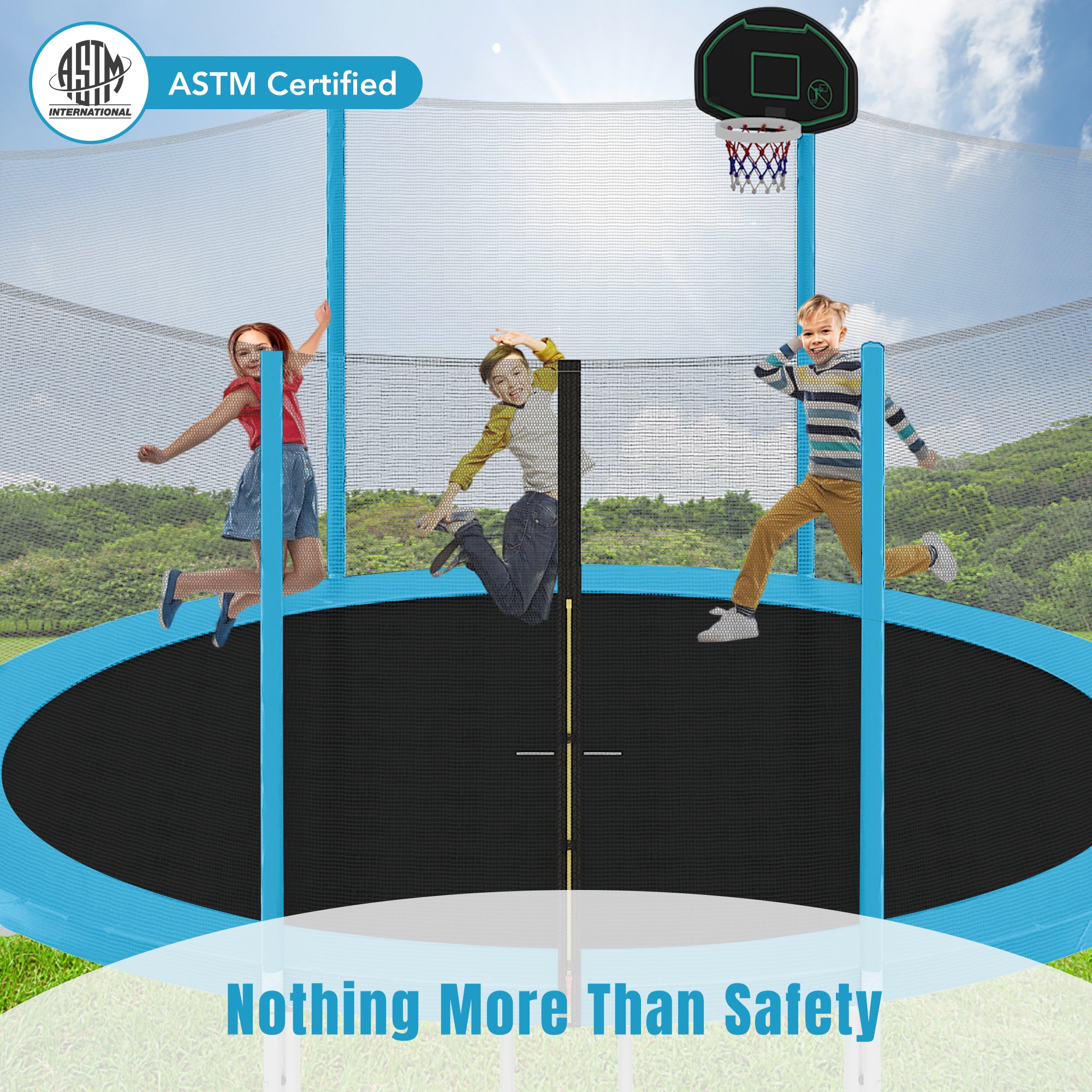 14FT Kids Trampoline with Safety Enclosure Net, Basketball Hoop & Ladder - Easy Assembly Outdoor Round Trampoline for Backyard Fun & Exercise