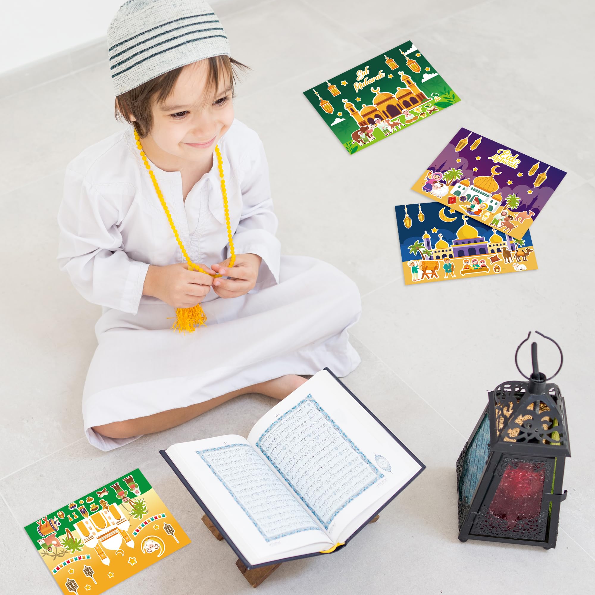 COcnny 48pcs Eid Mubarak Craft Kit - DIY Mosque Scene Stickers for Kids, Ramadan Kareem Decal, Islamic Religious Art Ornaments for Eid Al-Fitr Party, School Projects, Classroom Decor & Family Celebrations