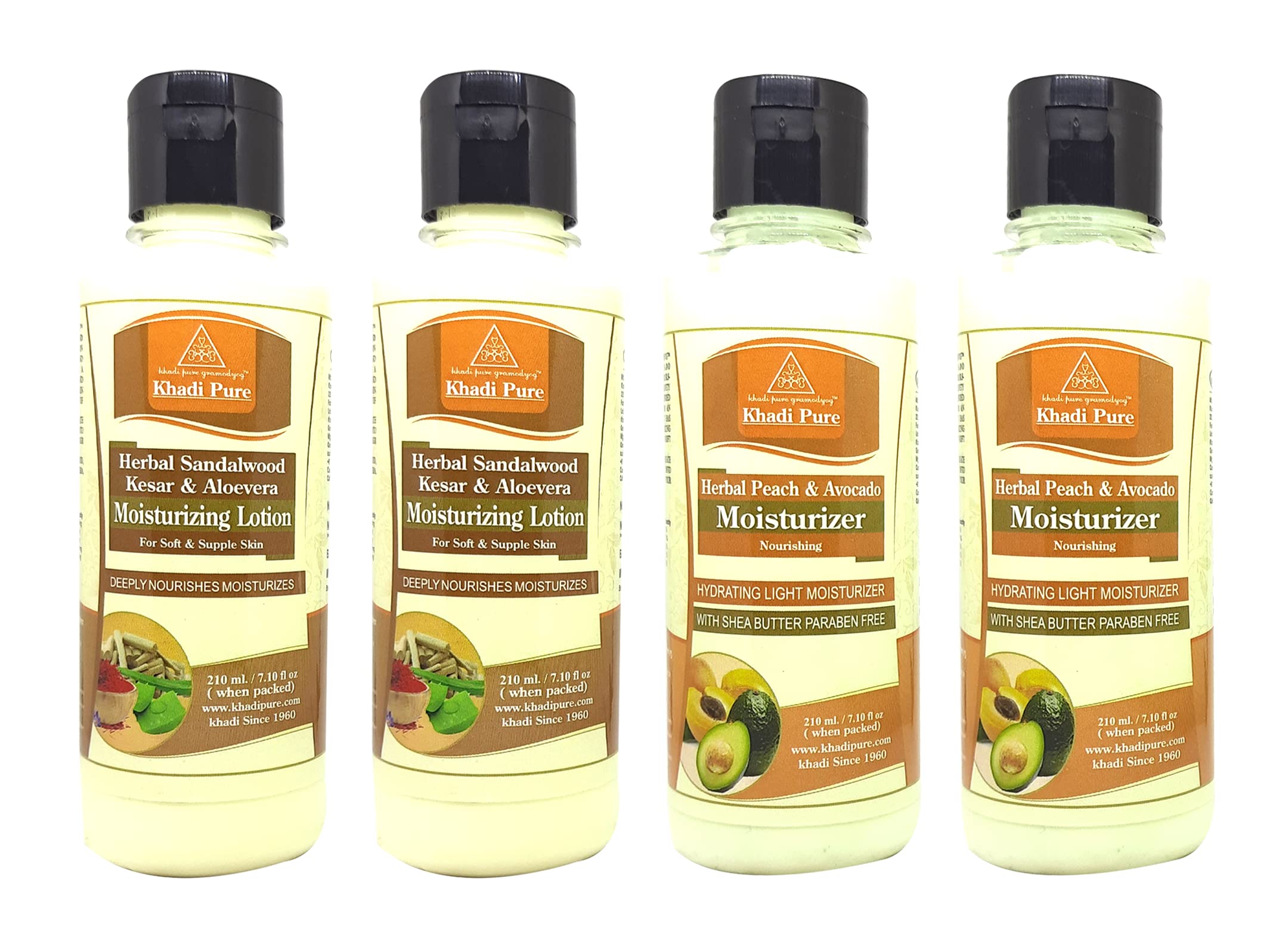 Khadi Pure Sandalwood, Kesar, Aloe Vera & Peach Avocado SLS-Free Moisturizing Lotion - 210ml (Pack of 4) for Dry Skin, Body Hydration & Daily Skincare Routine