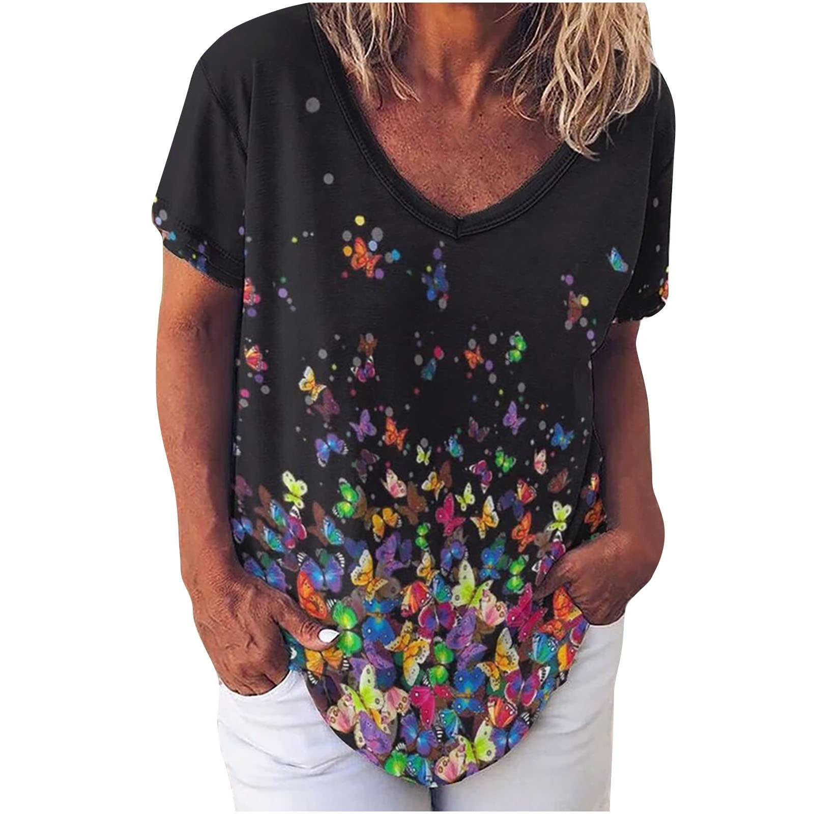 Women's Casual Short Sleeve V-Neck Tunic Top - Flowy Summer Blouse with Artistic Print for Everyday Wear, Beach Outings & Boho Style Outfits