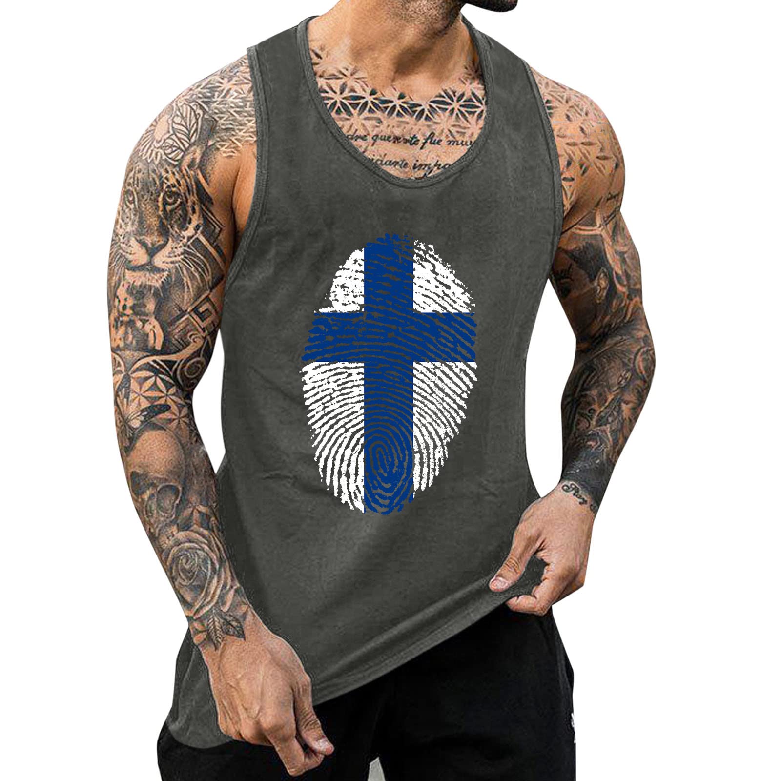 XXBR Men's Summer Tank Tops - Fingerprint Jesus Cross Print Athletic Sleeveless Shirts for Workout, Gym & Running - Breathable Racerback Muscle Tees for Sports, Fitness & Casual Wear