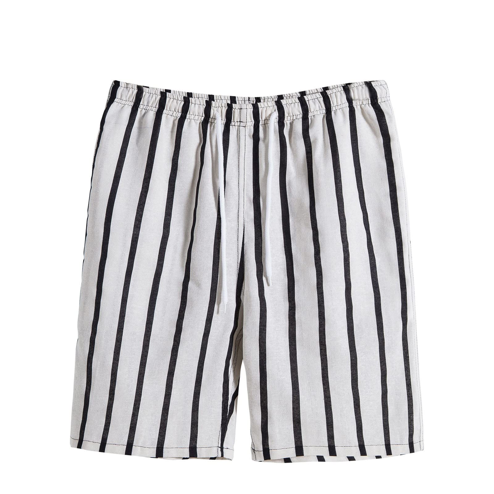 Men's Striped Cotton Drawstring Casual Shorts with Pockets - Breathable Linen Waist Mid-Length Summer Shorts for Outdoor Activities, Beach & Travel
