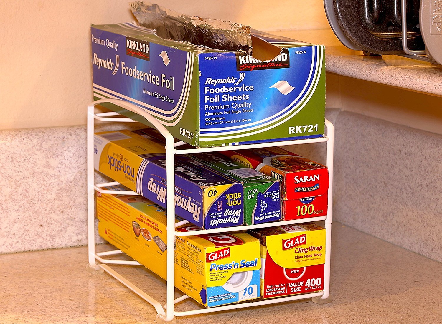 Simple Houseware Kitchen Wrap Organizer Rack - White | Space-Saving Foil, Plastic Wrap & Parchment Paper Holder for Pantry & Cabinet Organization