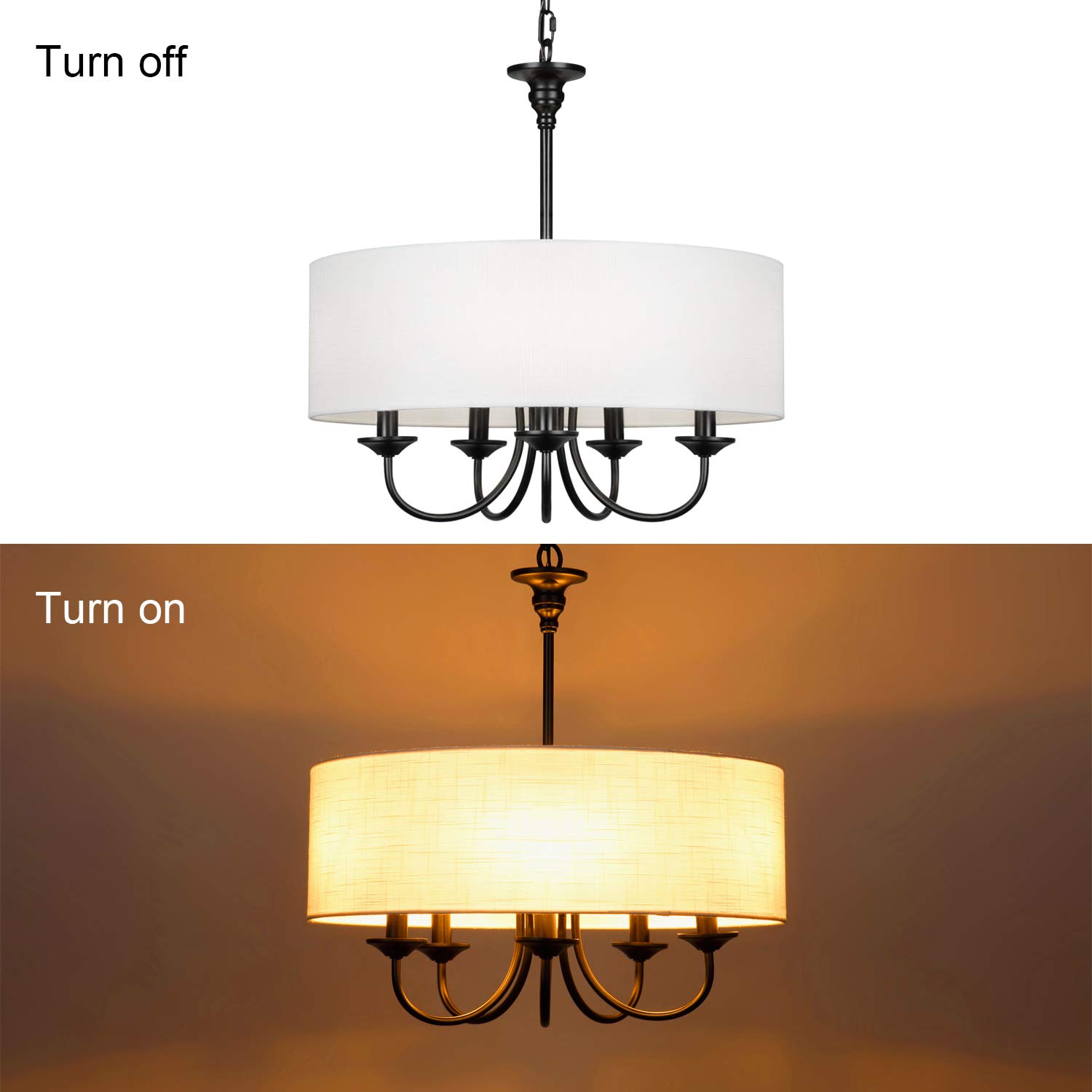 T&A Traditional 5-Light Chandelier with White Linen Drum Shade - 20