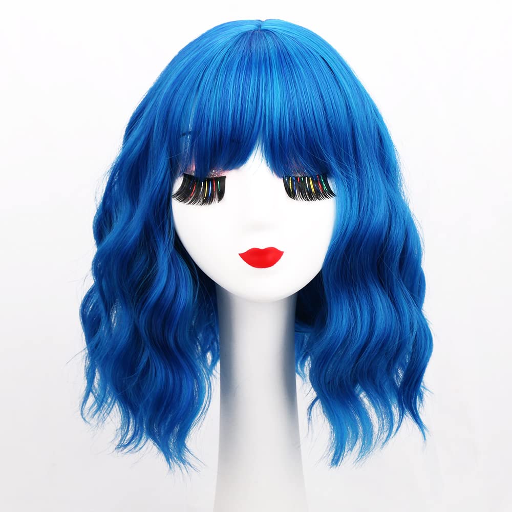 Bob Wig with Bangs - Shoulder Length Loose Wavy Synthetic Hair Cosplay Wig in Vibrant Blue | Perfect for Halloween Costumes, Cosplay Events & Themed Parties