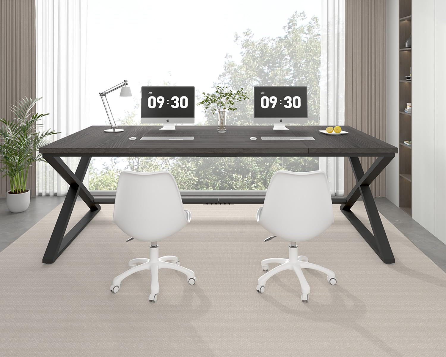 70 Inch Large Computer Desk for Home Office - Industrial Style Wood & Metal Writing Study Desk with Monitor Stand, Gaming Workstation for 2 Screens - Dark Gray Oak Finish (Perfect for Small Spaces & Multi-Monitor Setups)