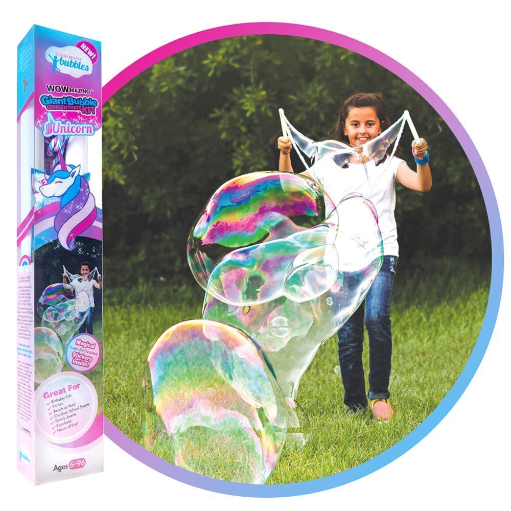 WOWMAZING Unicorn Giant Bubbles Kit with Wand, 7 Bubble Concentrate Pouches & 8 Sun-Activated Stickers | Outdoor Bubble Toy for Kids & Birthday Parties | Made in USA | Perfect for Backyard Fun, Summer Activities & Family Gatherings