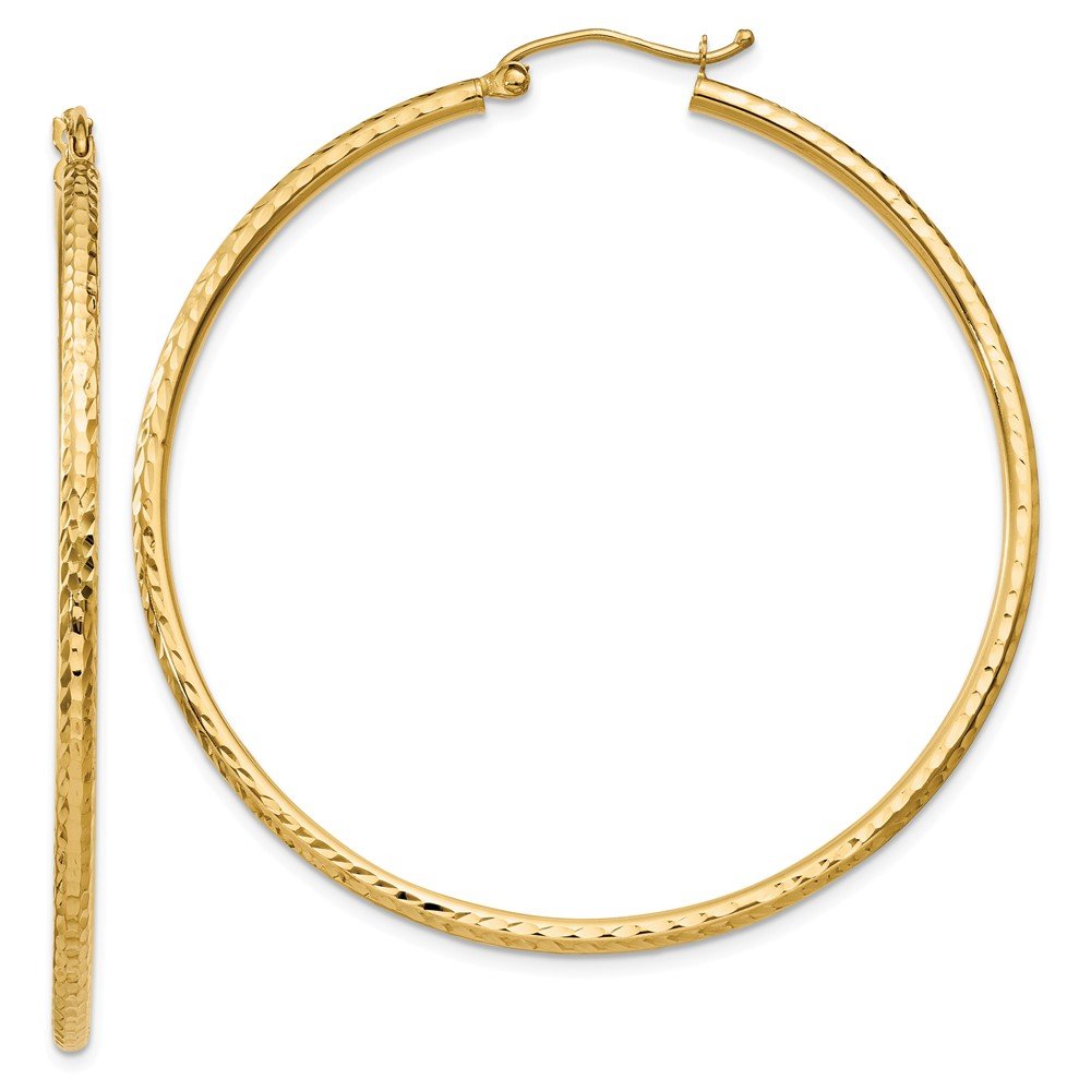 14K Yellow Gold Diamond-Cut 2mm Round Tube Hoop Earrings for Women - Classic Everyday & Special Occasion Jewelry Gift