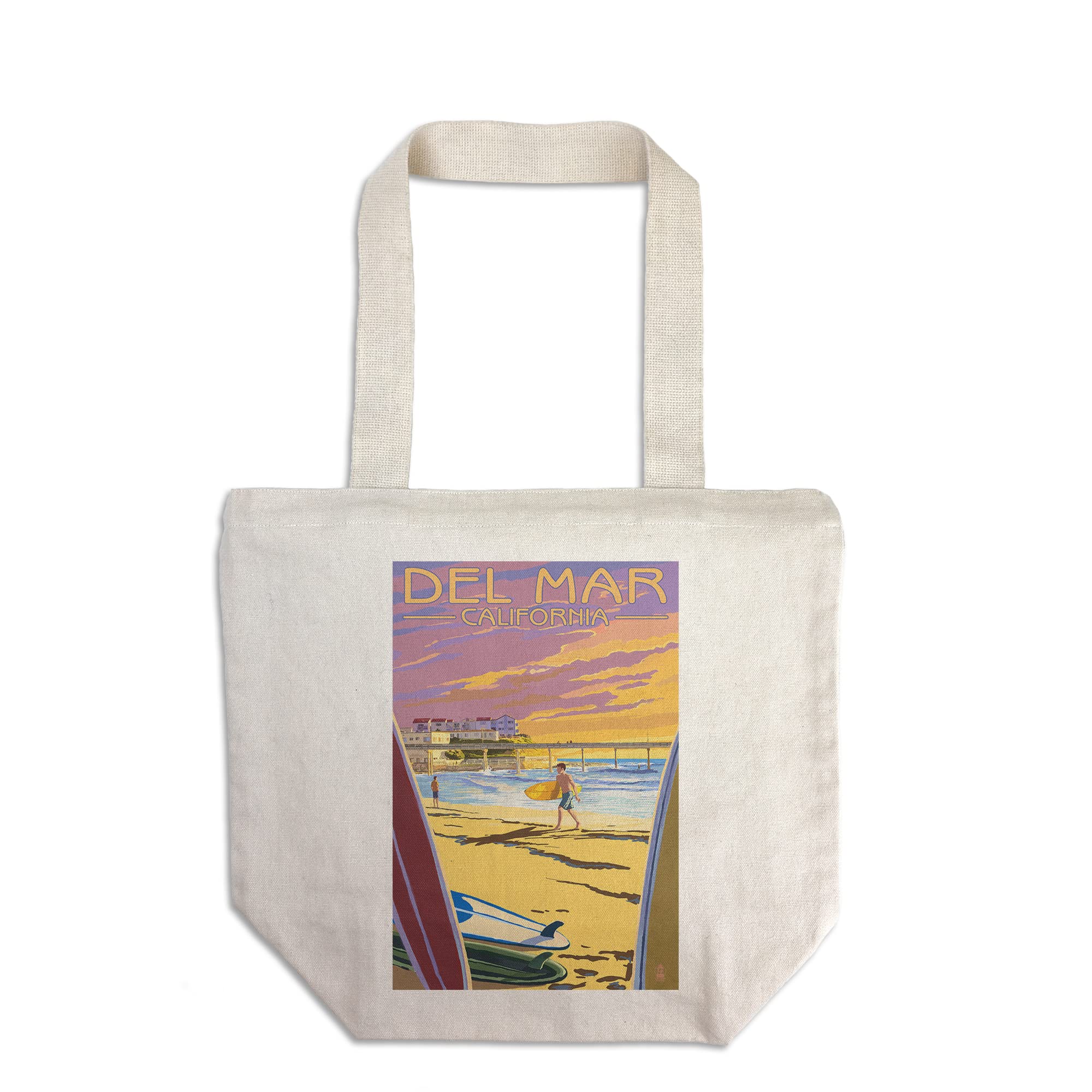 Lantern Press Del Mar California Beach Surfers and Pier Tote Bag - 100% Cotton Canvas Reusable Shopping Bag for Groceries, Beach Trips & Daily Use