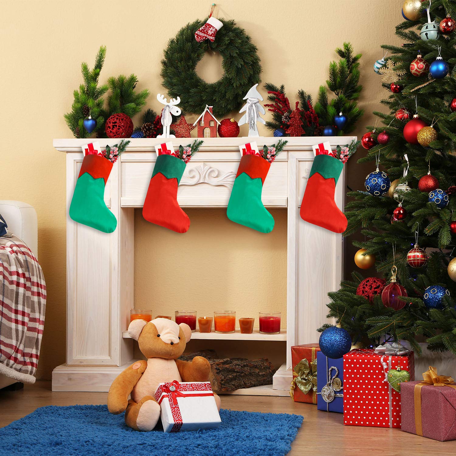 Syhood 7 Inch Christmas Stockings - 24 Pack Festive Xmas Tree Hanging Stockings for Holiday Decor, Gift Exchange & Christmas Party Decorations - Perfect for Fireplace Mantel, Staircase & Home Holiday Decorating