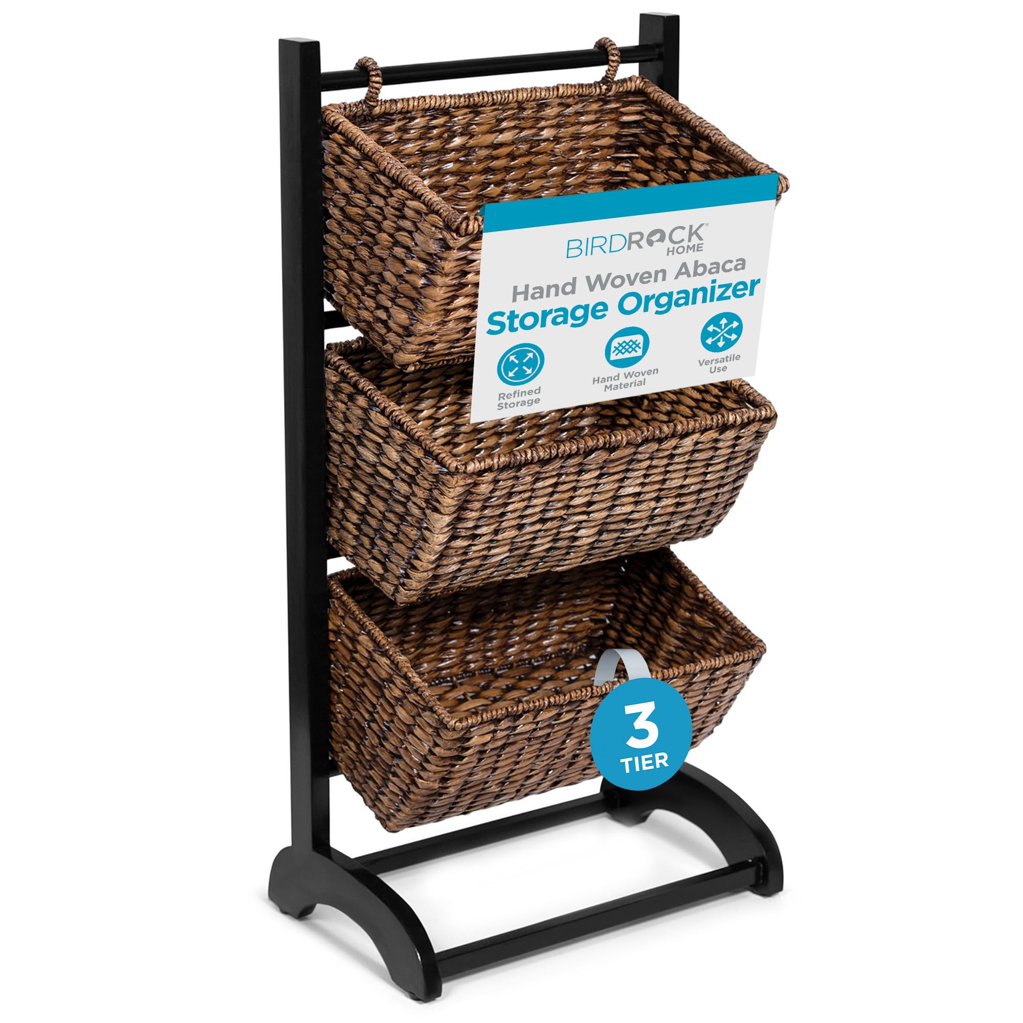 BIRDROCK HOME 3-Tier Storage Shelf with Solid Wood Frame & Handwoven Abaca Baskets - Durable Organizer for Living Room, Bedroom, Kitchen - Natural Brown & Espresso Finish - Perfect for Storing Blankets, Toys, Books & Kitchen Essentials