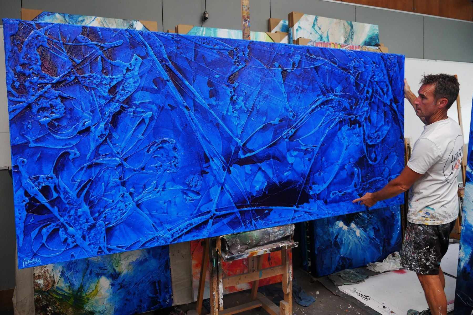 Blue Ink Textured Abstract Painting - 270cm x 120cm Large Canvas Wall Art for Modern Home & Office Decor | Inked Euphoria Collection