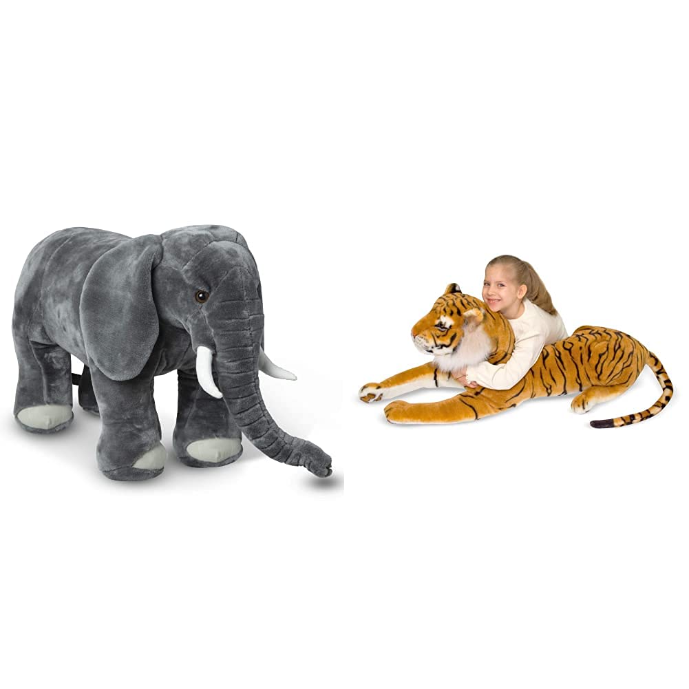 Giant Lifelike Stuffed Elephant & Tiger Plush Toys - Melissa & Doug Extra Large 3ft Elephant & 5ft Tiger Soft Animals for Kids Room Decor, Nursery, Birthday Gifts & Cuddling Companions