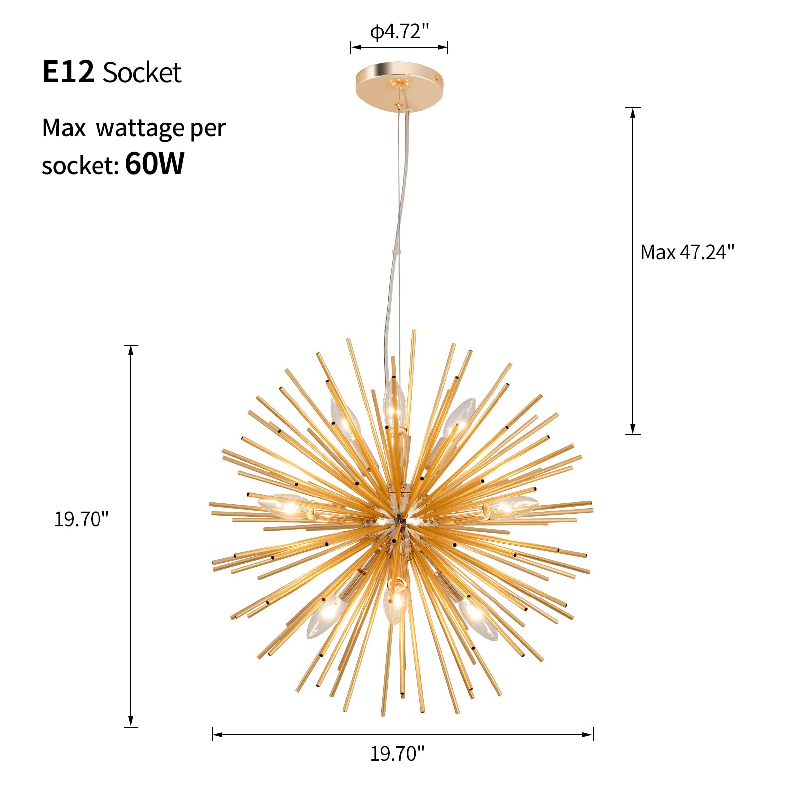 Modern Gold Sputnik Chandelier - 9-Light Satellite Pendant Lighting Fixture with Starburst Firework Design for Bedroom, Living Room, Dining Room & Kitchen Island - E12 Socket, 19.7