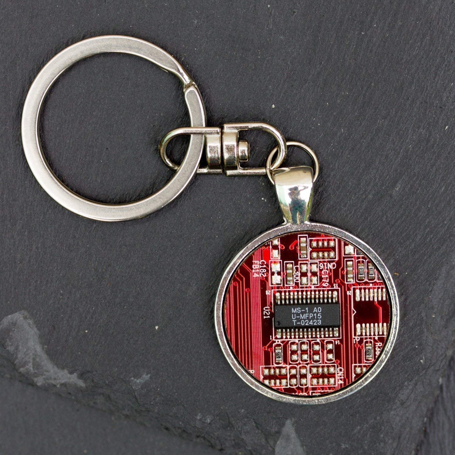 Recycled Circuit Board Keychain - Eco-Friendly Round Red Key Ring - Perfect for Tech Enthusiasts, Gifts, and Sustainable Lifestyle Accessories