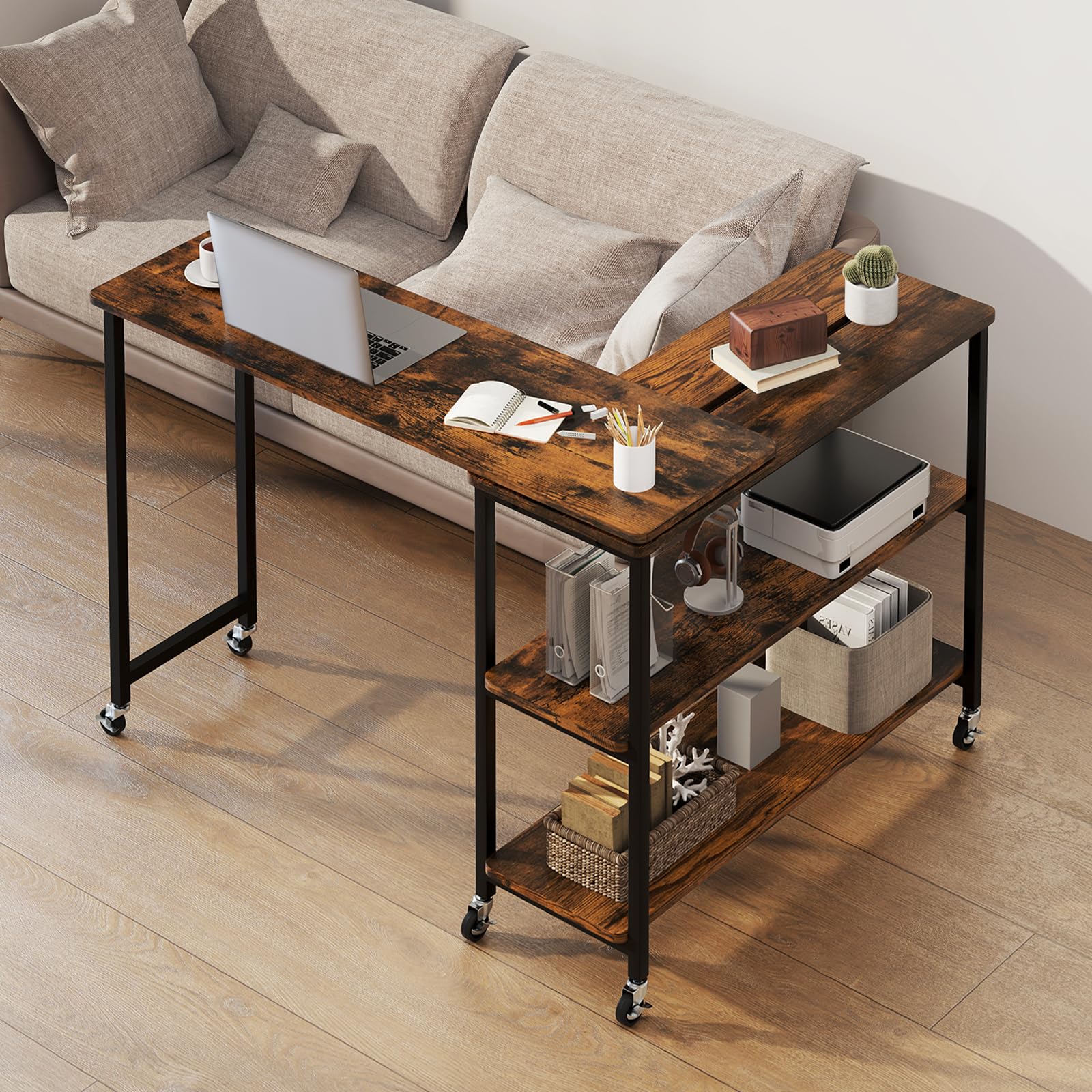 Tangkula 360° Rotating Side Table for Couch - Patented Mobile Laptop Desk with 2-Tier Storage Shelves & Sturdy Metal Frame | Extendable Snack Table for Living Room, Home Office & Bedroom Use