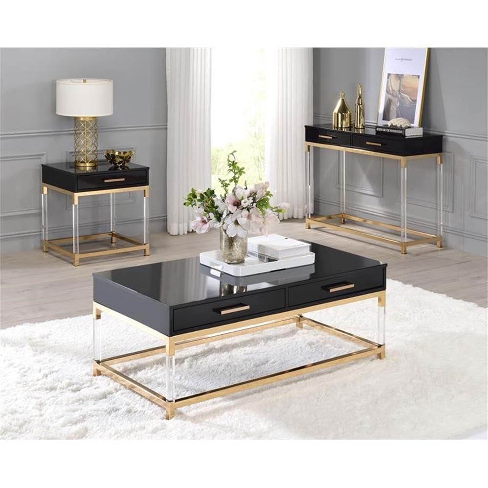 Acme Adiel Rectangular Wooden End Table with Storage Drawer - Black & Gold Nightstand for Bedroom, Living Room & Office
