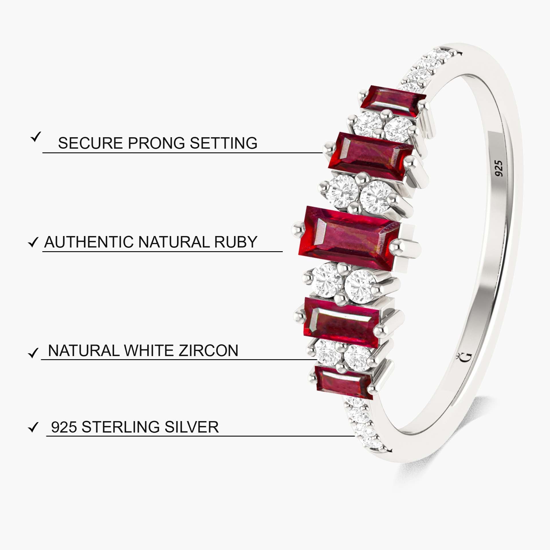 Natural Red Baguette Ruby Gemstone Ring for Women - 14K Gold Plated Elegant Jewelry Gift for Anniversary, Valentine's Day & Special Occasions