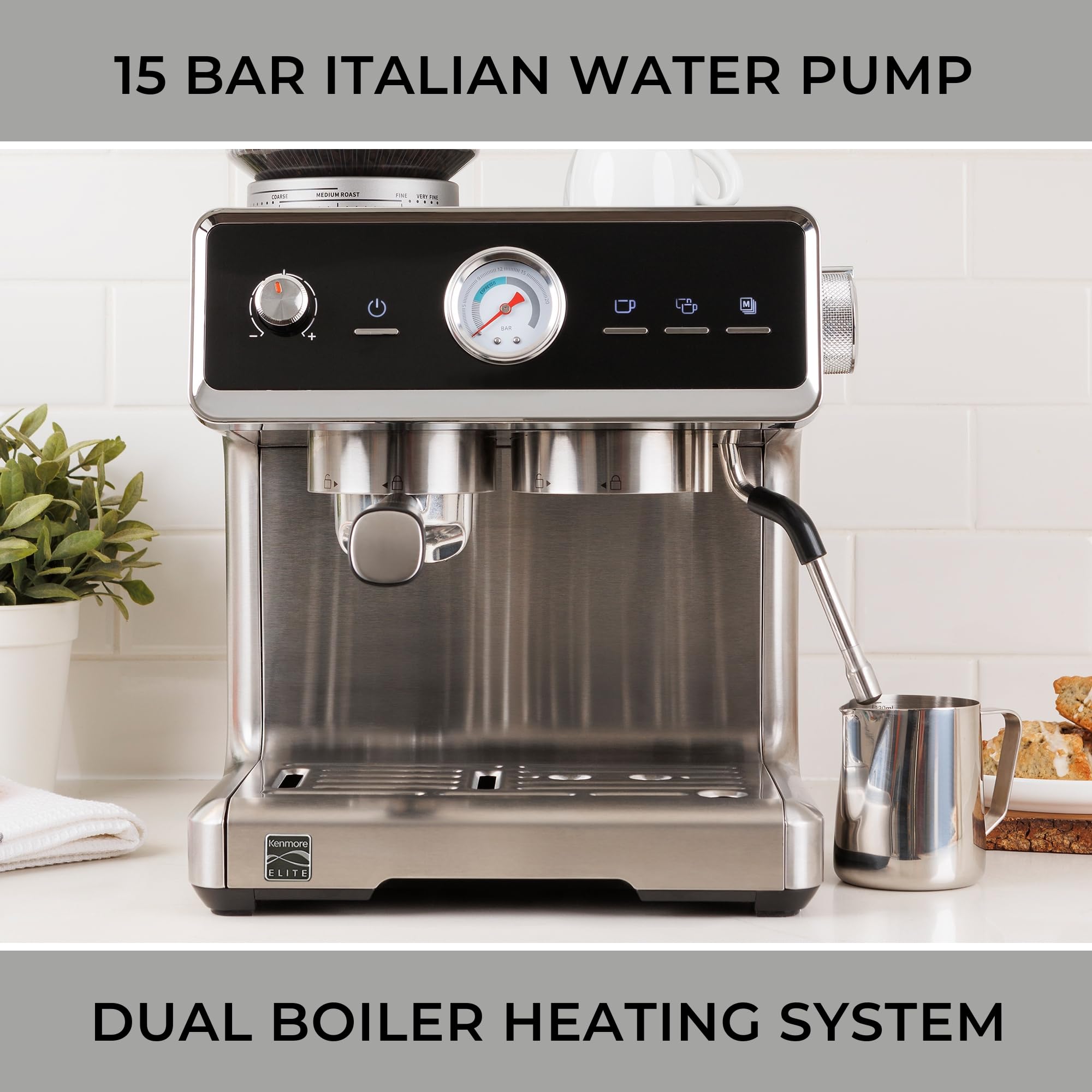 Kenmore Elite Semi-Automatic Espresso Machine with Built-in Grinder, Auto Tamper & Milk Frother - Professional Barista System for Home Café, Perfect for Making Lattes, Cappuccinos and Americanos (Ideal for Coffee Shops & Home Baristas)
