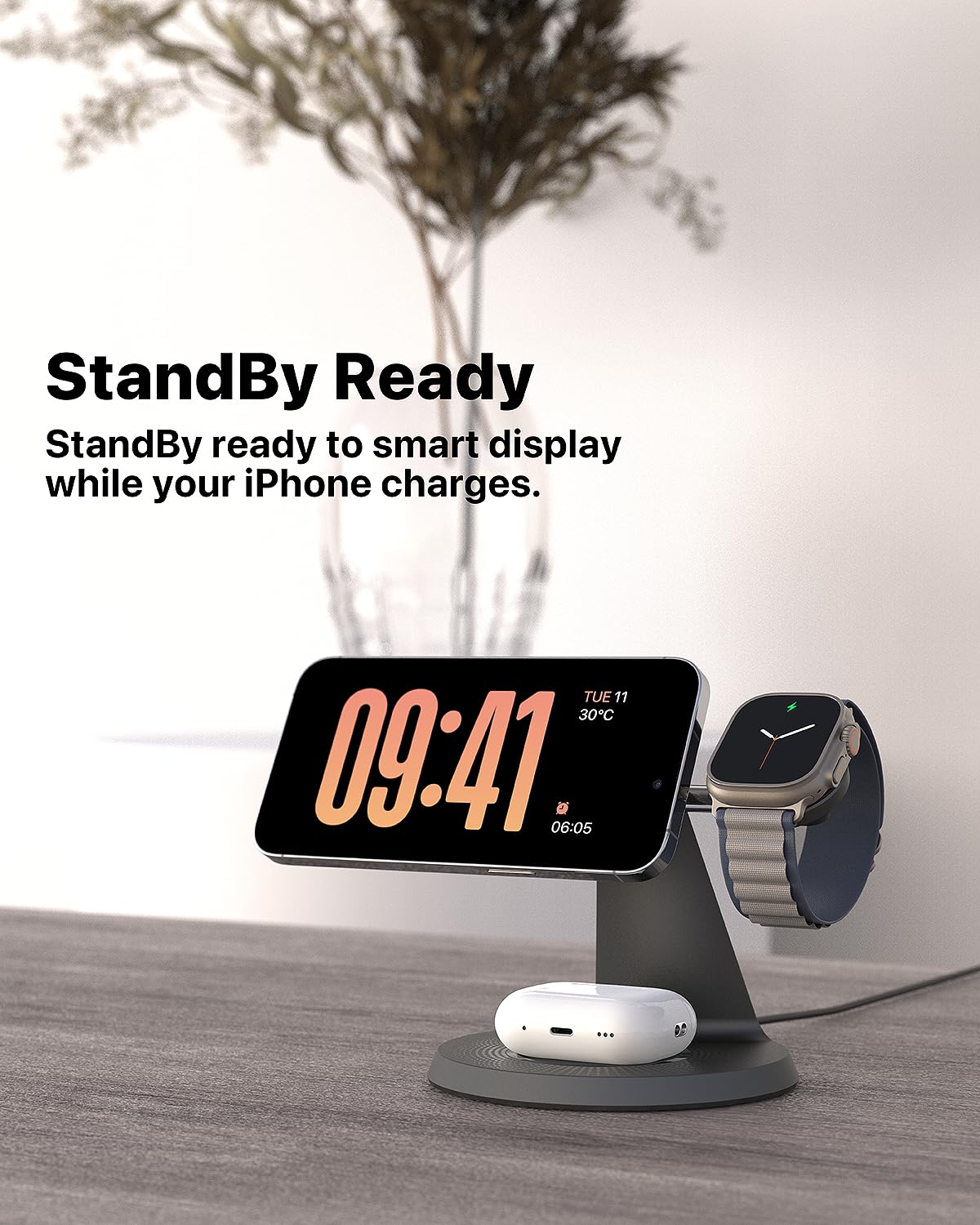 3-in-1 Magnetic Wireless Charging Stand for iPhone 12-16 Series, Apple Watch & AirPods - Fast Qi-Certified Charging Station with Magsafe Technology | Perfect for Bedside, Office Desk & Travel Accessories