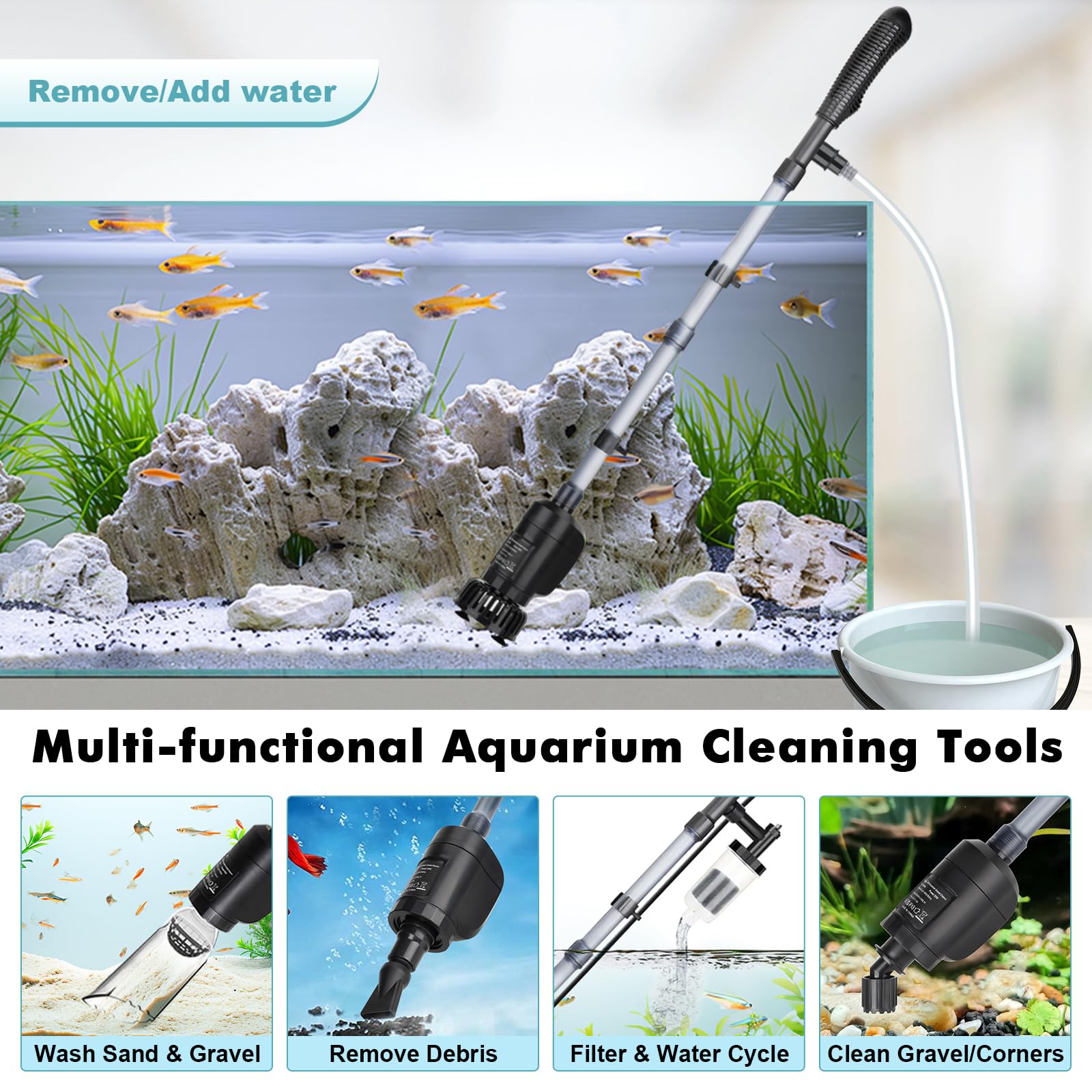 AQQA 6-in-1 Electric Aquarium Gravel Cleaner & Water Changer - 20W 320GPH Multi-Functional Fish Tank Cleaner for Freshwater & Turtle Tanks - Ideal for Water Cleaning, Circulation & Maintenance