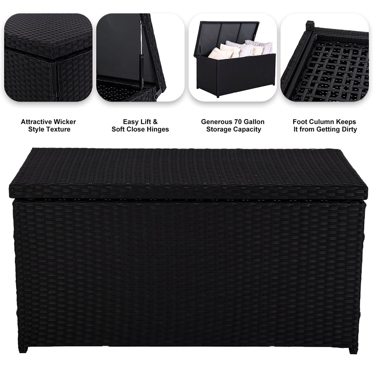70 Gallon Outdoor Wicker Storage Box with Waterproof Liner - PE Rattan Patio Deck Box with Hinged Lid for Cushions, Pillows & Towels - Weatherproof Horizontal Storage Bin for Backyard, Poolside & Garden (Black)