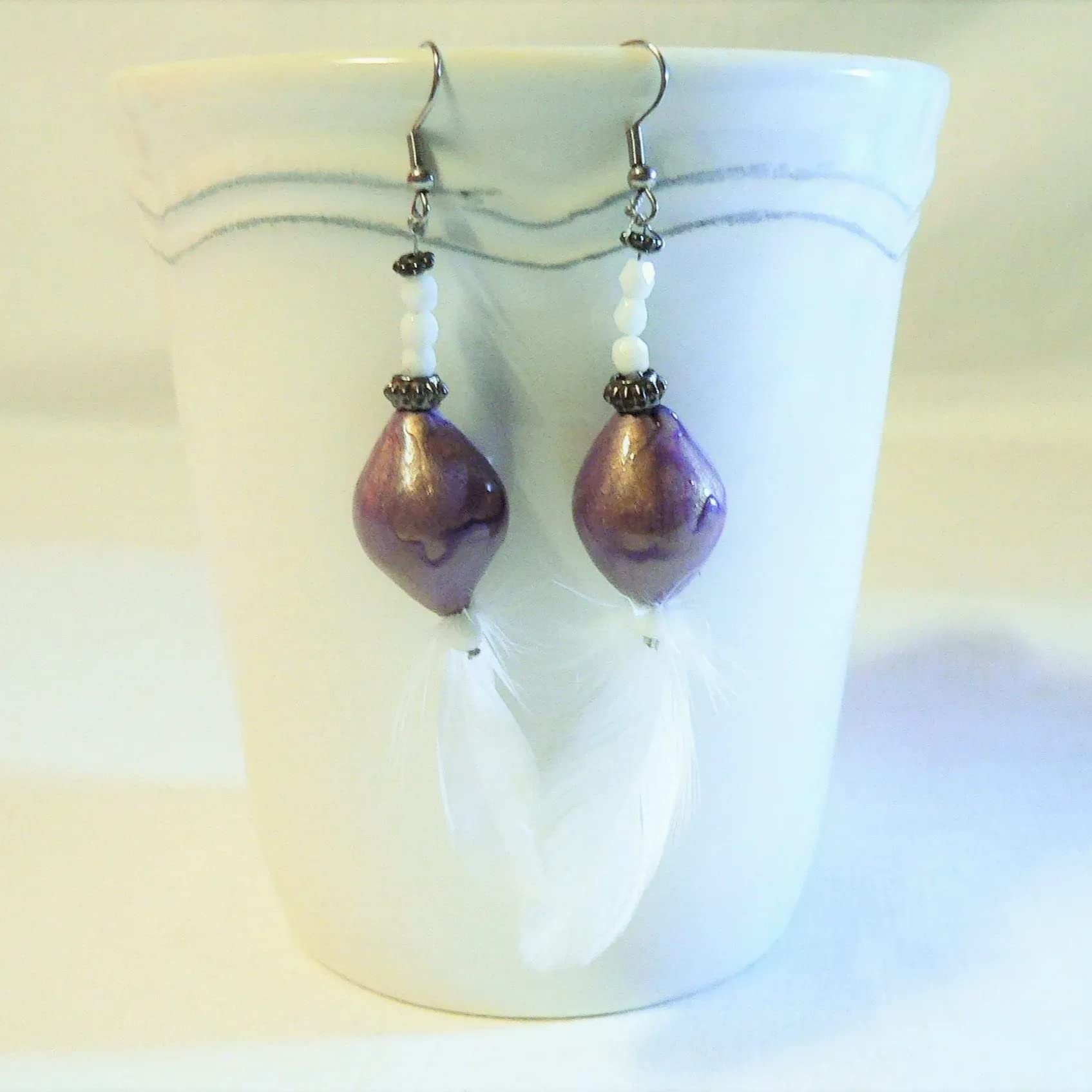 Elegant Ceramic & Feather Earrings for Women - White & Purple Dangle Earrings | Boho Chic Jewelry for Parties, Weddings & Everyday Wear