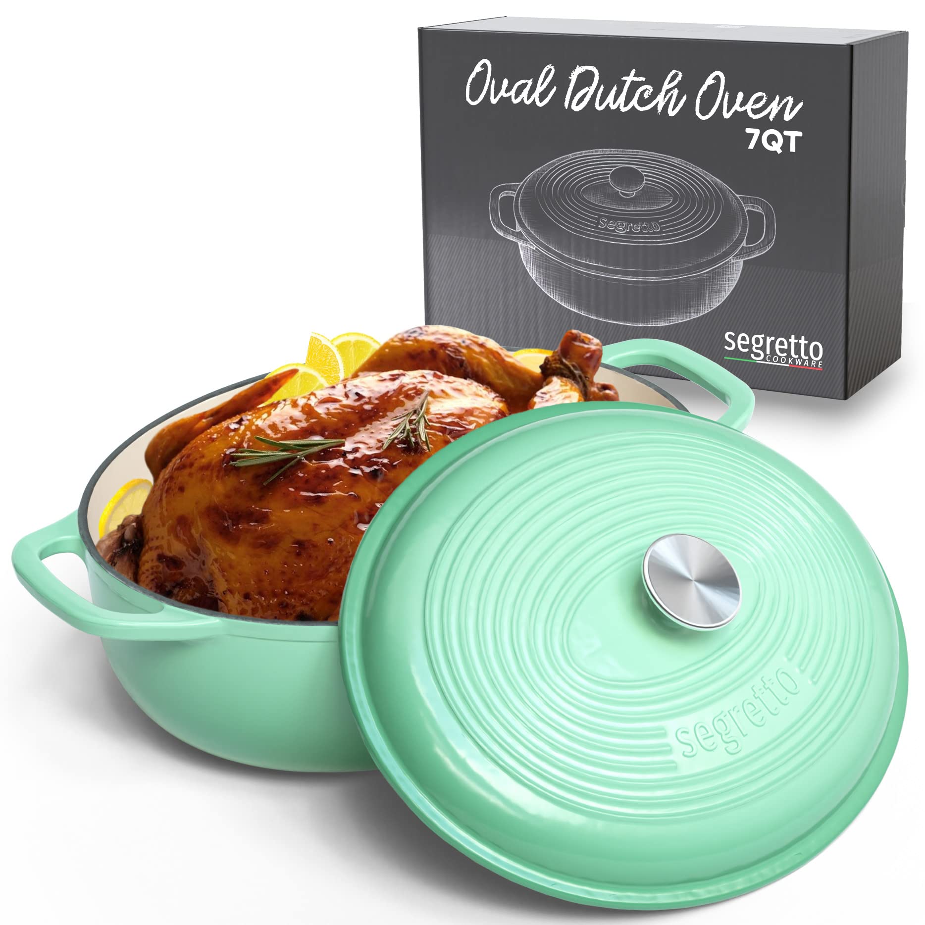 7-Quart Enameled Cast Iron Dutch Oven with Lid - Light Green Oval Pot for Bread Baking, Soups, Stews & Braising - Perfect for Oven, Stovetop & Camping Cooking