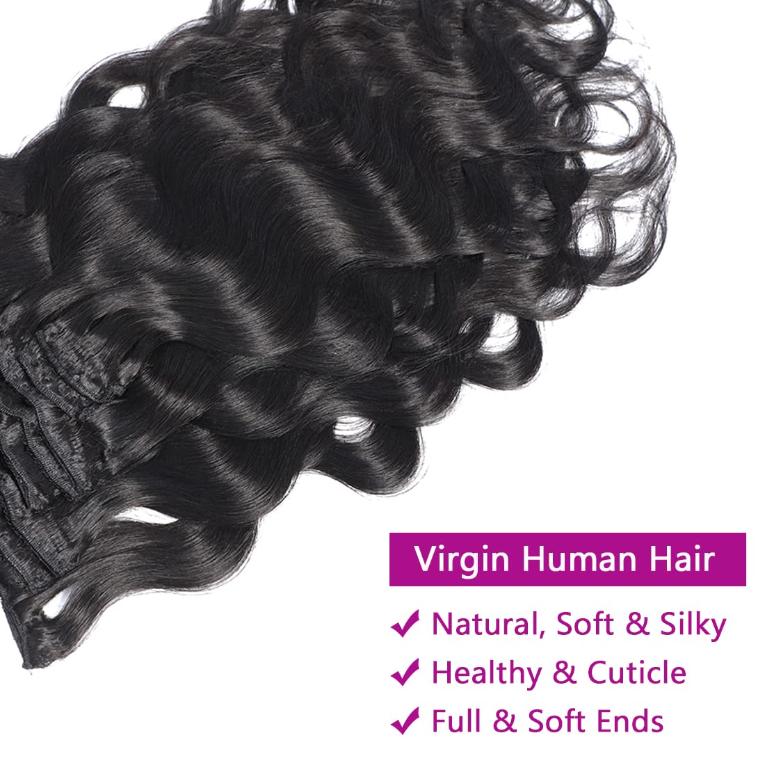 Clip-in Human Hair Extensions 1-Piece Water Wave Brazilian Body Wave 100% Unprocessed Natural Black Hair (20 Inch) - 8-Piece Set with 18 Clips (135g) for Volume & Length - Perfect for Parties, Weddings & Daily Styling