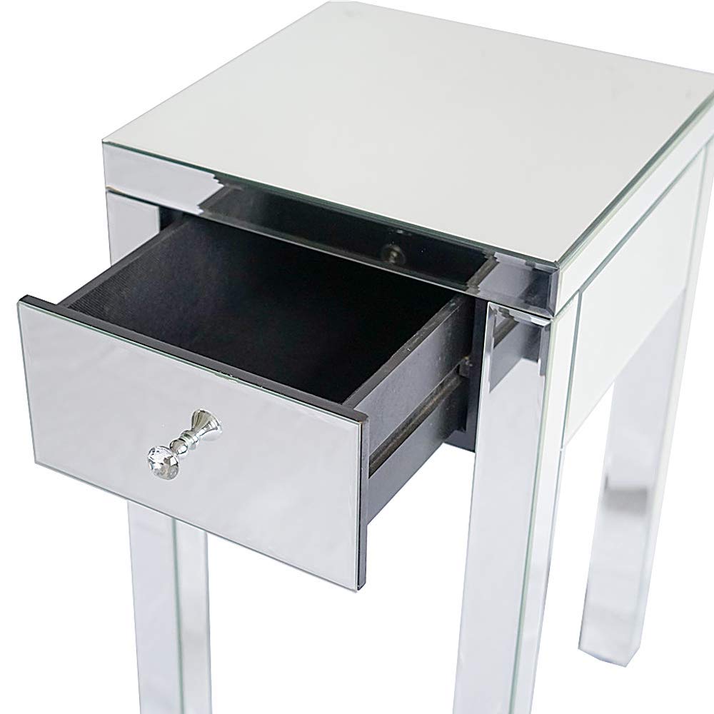 Goujxcy Modern Mirrored End Table with Drawer - Silver Finish Accent Nightstand for Bedroom, Living Room & Office | Stylish Bedside Table with Storage Space
