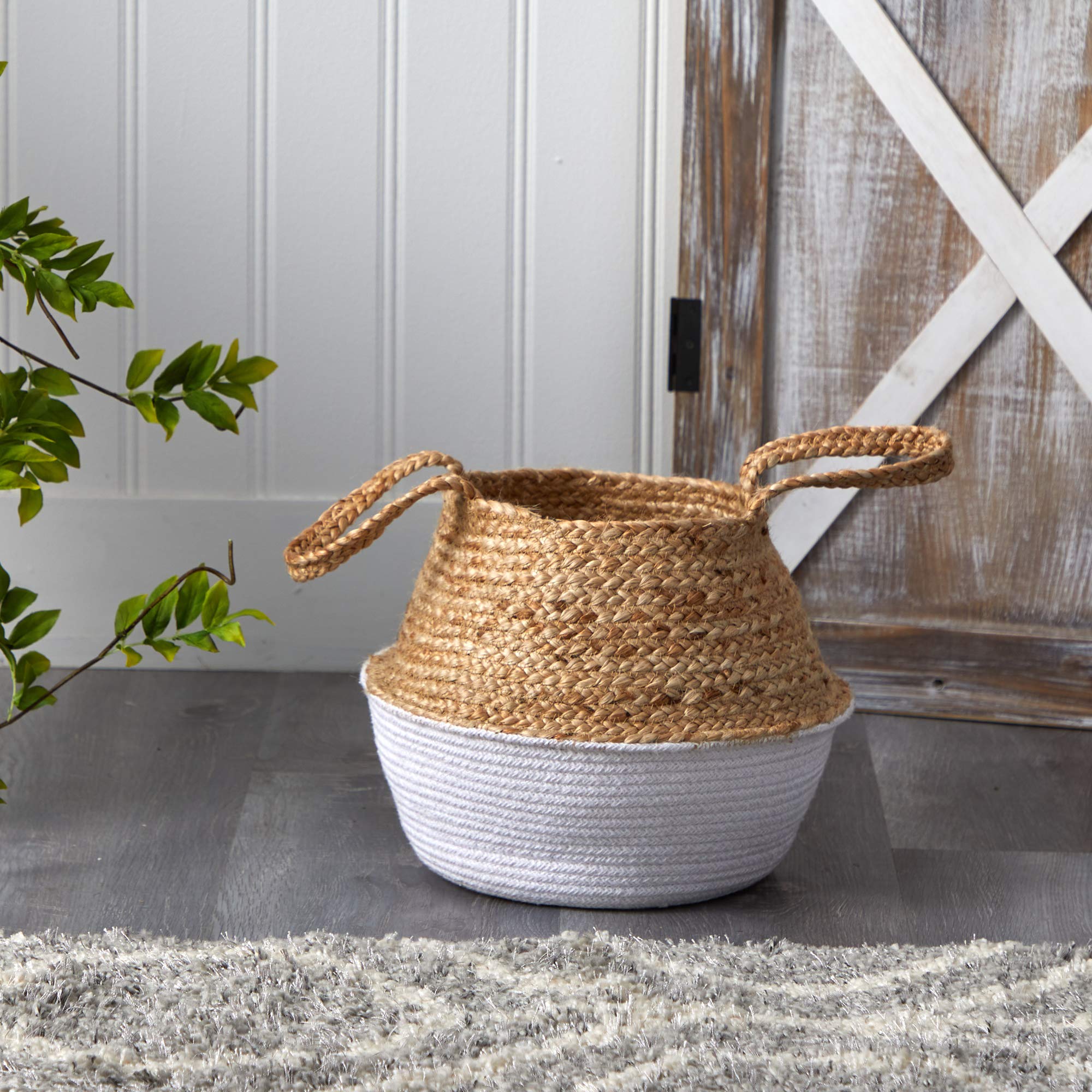 Nearly Natural 14 Inch Boho Chic Handmade Cotton & Jute White Woven Basket Planter for Home Decor, Plant Holder, Storage Organizer - Perfect for Living Room, Bedroom, or Office