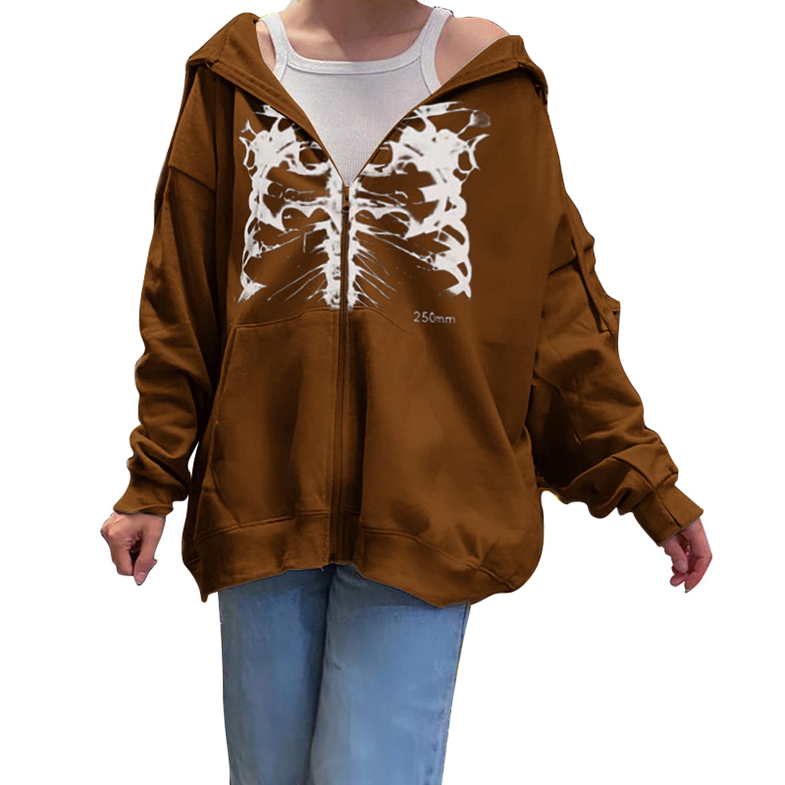 Women's Halloween Y2K Skeleton Skull Gothic Punk Zip-Up Hoodie - 90s Retro Graphic Aesthetic Pullover Sweatshirt Jacket for Costume Parties & Streetwear Fashion