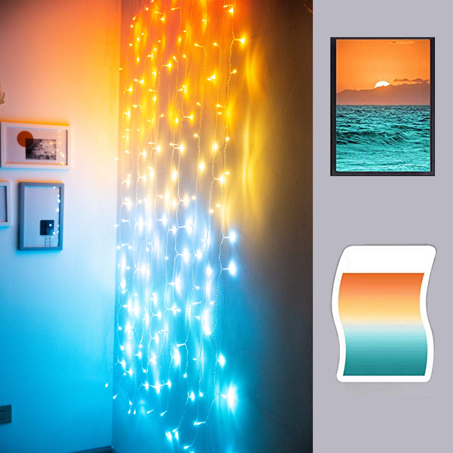 Sunset Orange LED Curtain Lights - Warm White, Coral, Turquoise, Aqua Blue Fairy String Lights for Bedroom, Sunroom & Ocean-Themed Decor | Perfect for Hawaii Vibes, Cozy Nights & Boho Room Aesthetics