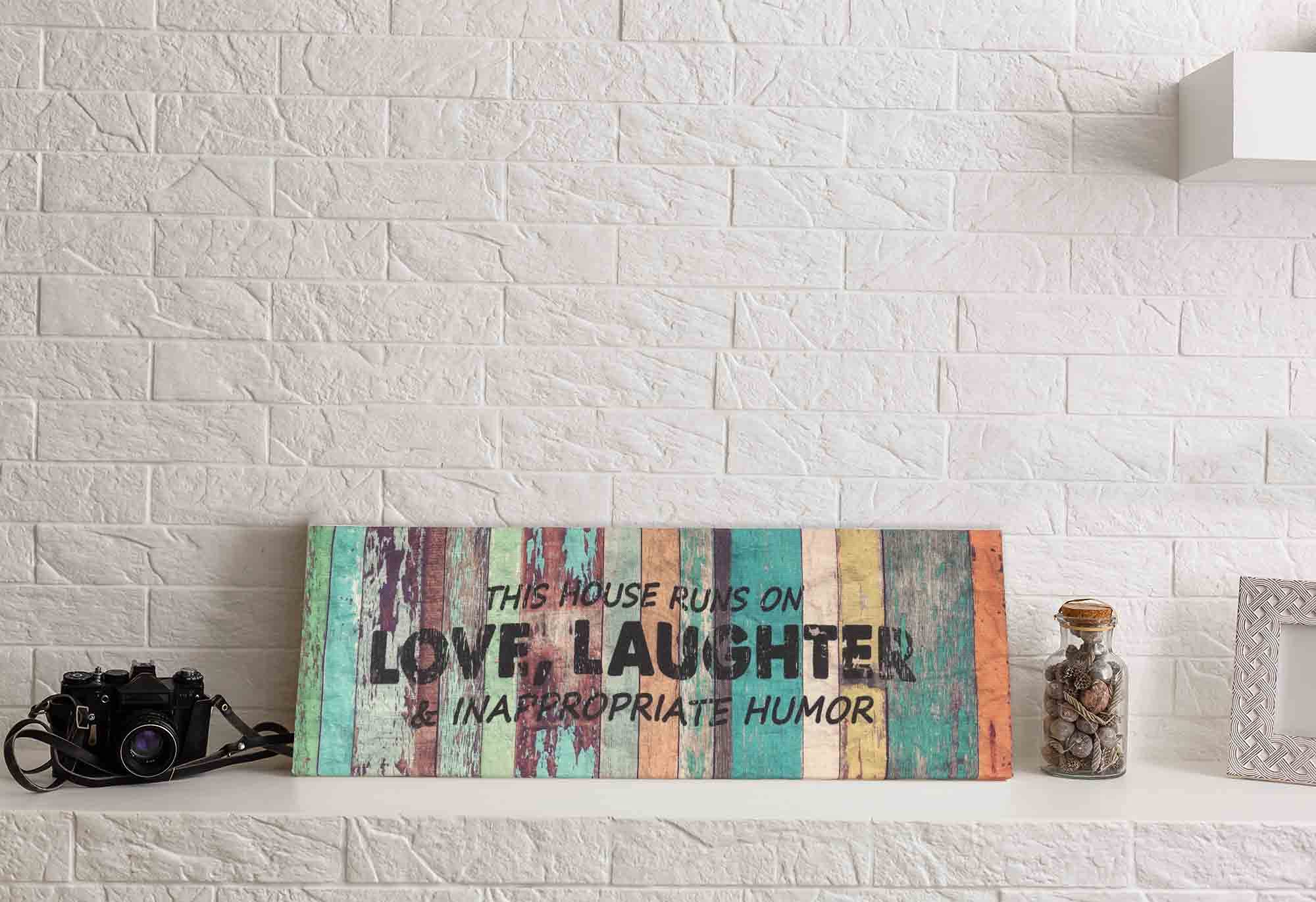 Stretched Canvas Wall Art Decor - 'This House Runs On Love, Laughter & Inappropriate Humor' - 8x24 Rustic Farmhouse Faux Plaque Sign - Perfect for Living Room, Bedroom & Home Office Decor