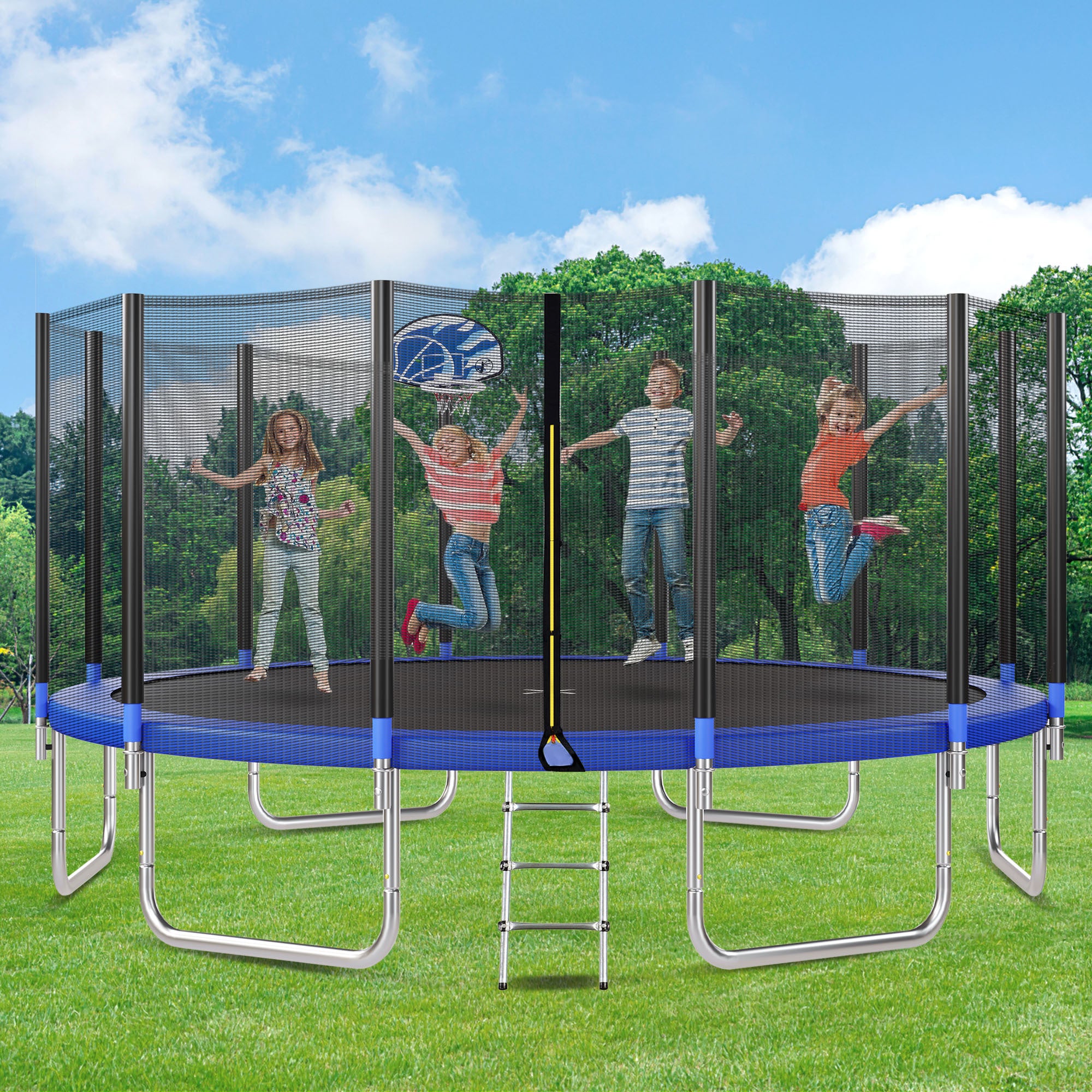 16FT Kids Trampoline with Safety Enclosure Net, Basketball Hoop & Ladder - Easy Assembly Outdoor Round Trampoline for Backyard Fun & Exercise