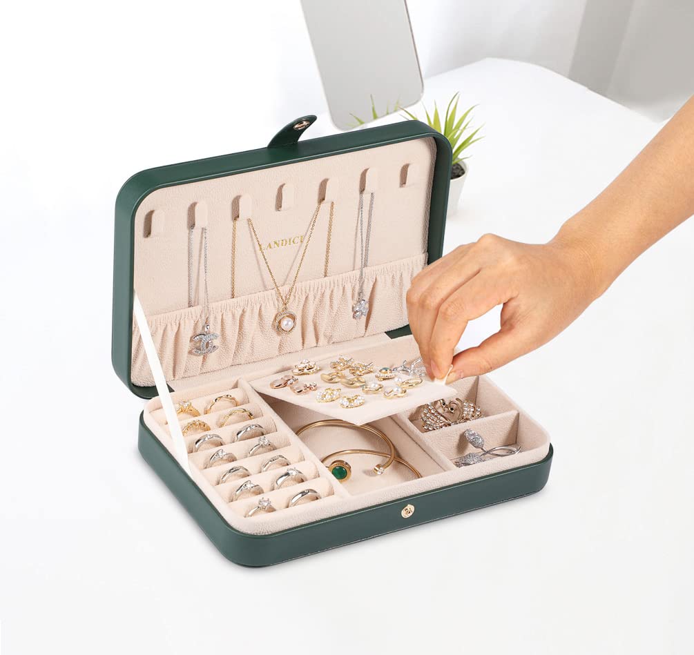 LANDICI Small Jewelry Box for Women & Girls - PU Leather Travel Jewelry Organizer Case with Storage Compartments for Rings, Earrings, Necklaces, Bracelets & Watches - Perfect Gift for Her, Birthday, Anniversary & Travel Accessories (Blackish Green)