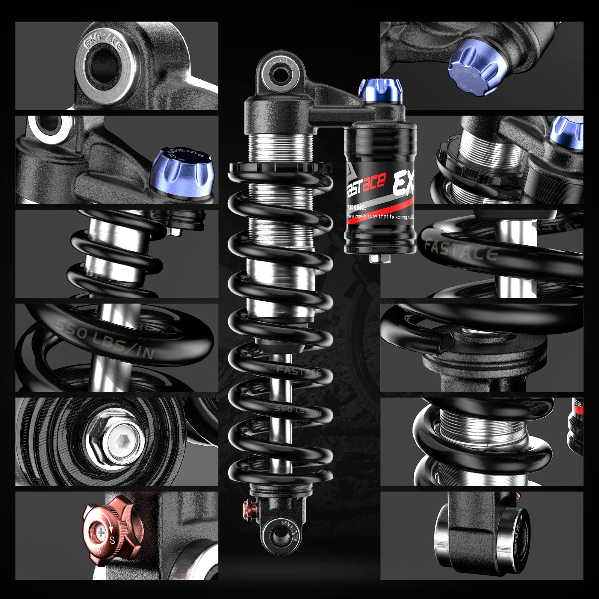Premium MTB Rear Shock Suspension - 265mm Travel, 550lbs Coil Spring, Oil & Air Damping - Compatible with Mountain Bikes, Downhill Bikes & E-Bikes | Perfect for Trail Riding, Downhill Racing & Off-Road Adventures