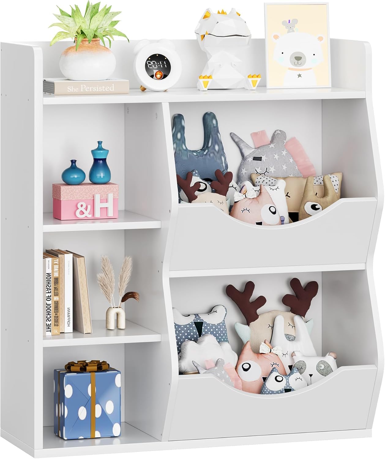 3-Tier Kids Toy Storage Organizer & Bookshelf - White Double-Sided 5-Compartment Shelf for Toys, Books - Perfect for Kids' Room, Bedroom, Living Room & Kindergarten - Organize Playrooms, Daycares & Homeschool Spaces