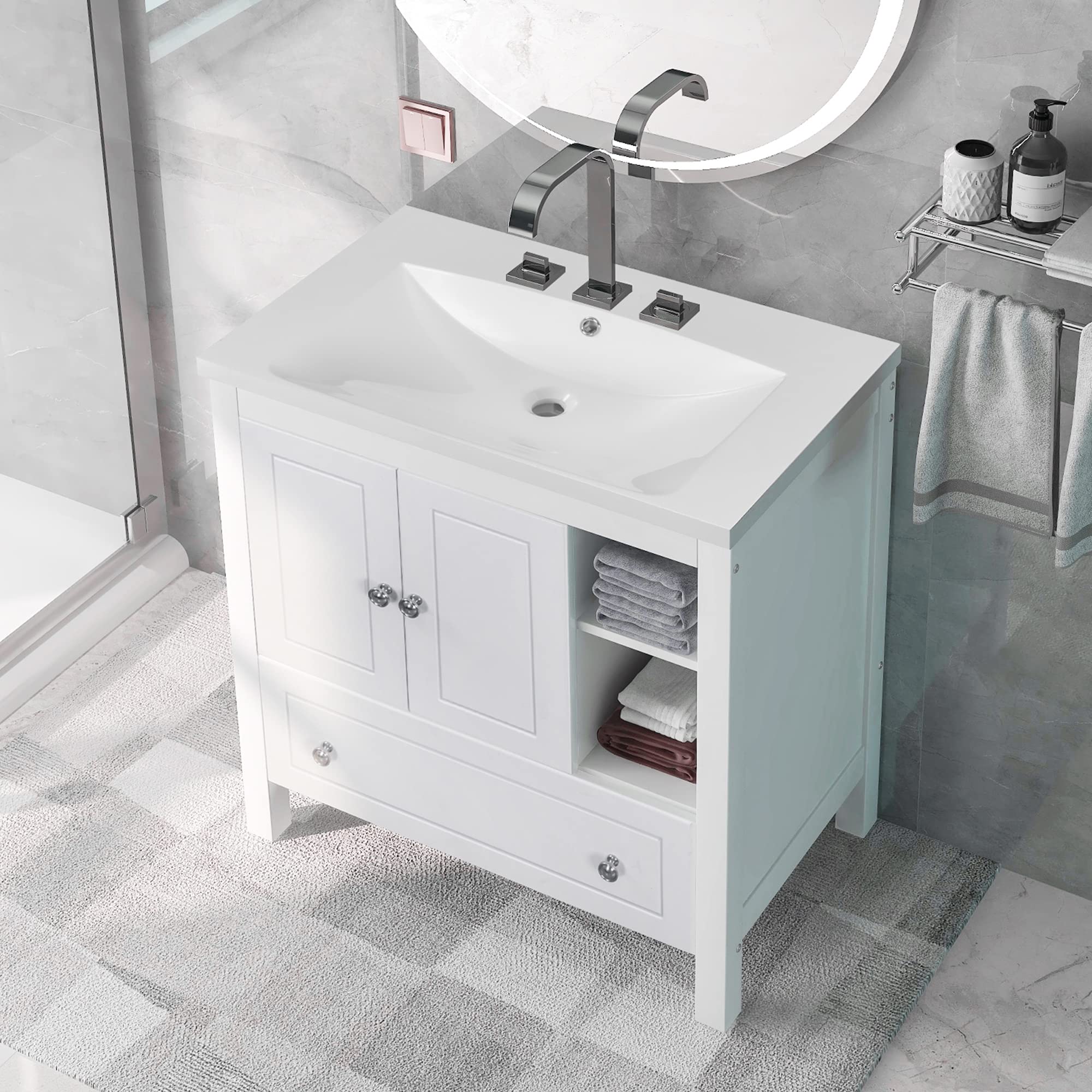 30 Inch Modern White Bathroom Vanity with Ceramic Sink Top - Bathroom Cabinet with Drawers & Shelves - Perfect for Small Bathrooms & Powder Rooms